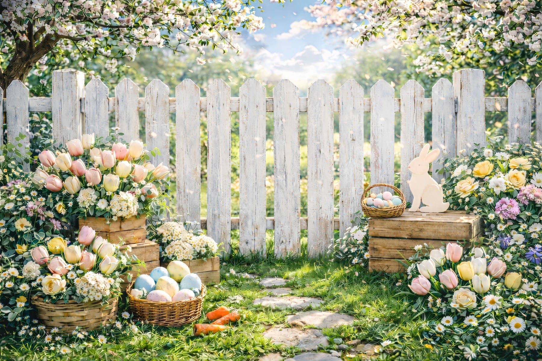 Easter Spring Backdrop Garden Picket Fence Cherry Blossom Easter Backdrop Photo UK GQ61-50