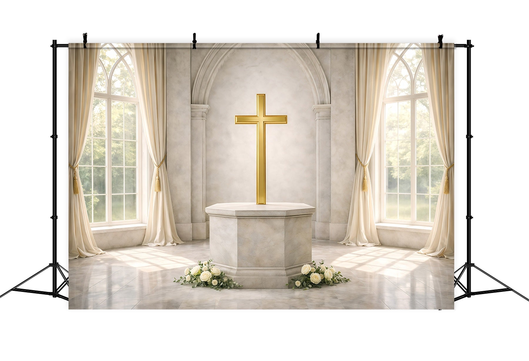 Easter Church Backdrop Golden Cross Window Light Easter Backdrop 10x10 UK GQ61-52