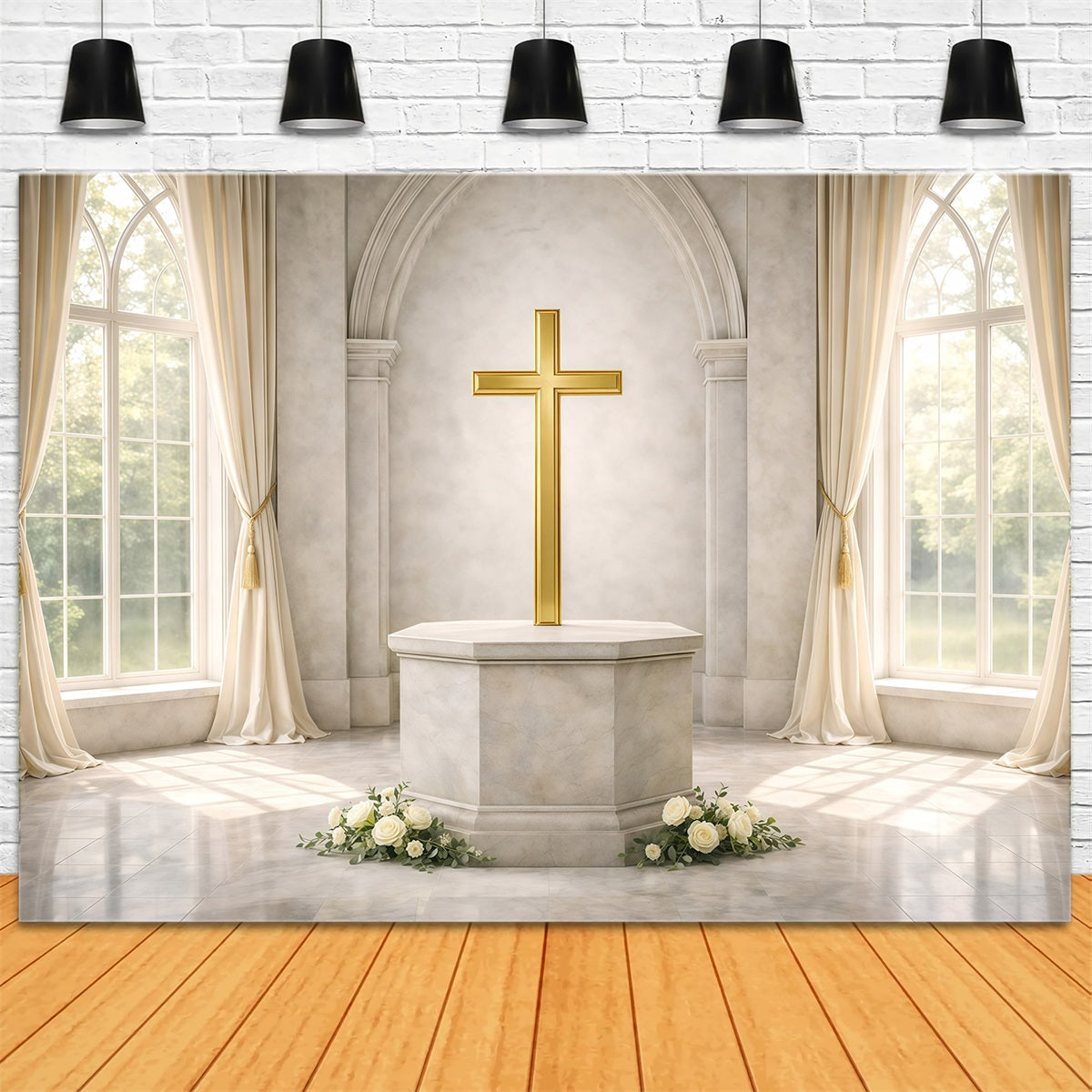 Easter Church Backdrop Golden Cross Window Light Easter Backdrop 10x10 UK GQ61-52
