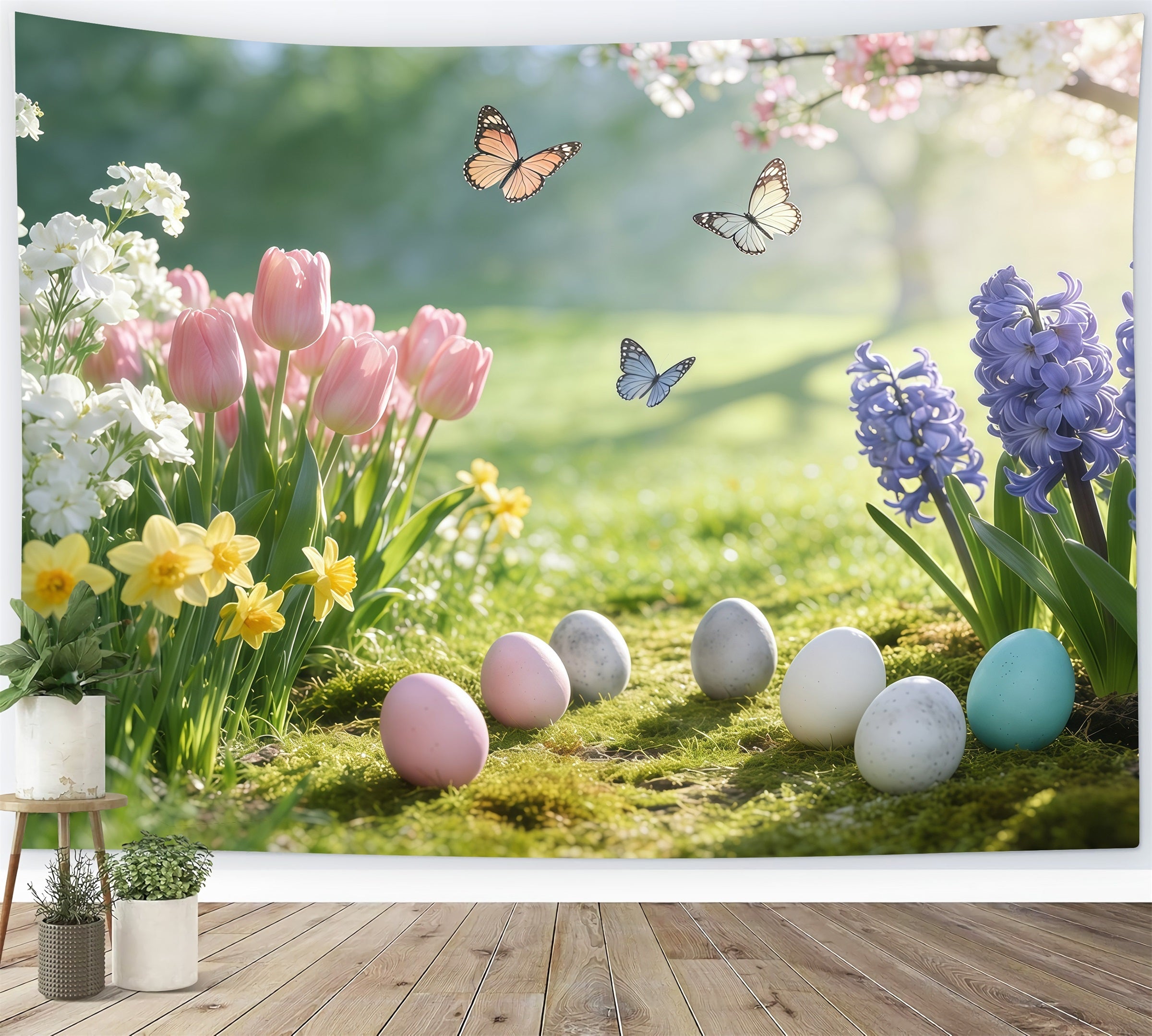 Easter Natural Backdrop Photography Spring Meadow Butterflies Eggs Easter Backdrops UK GQ61-53