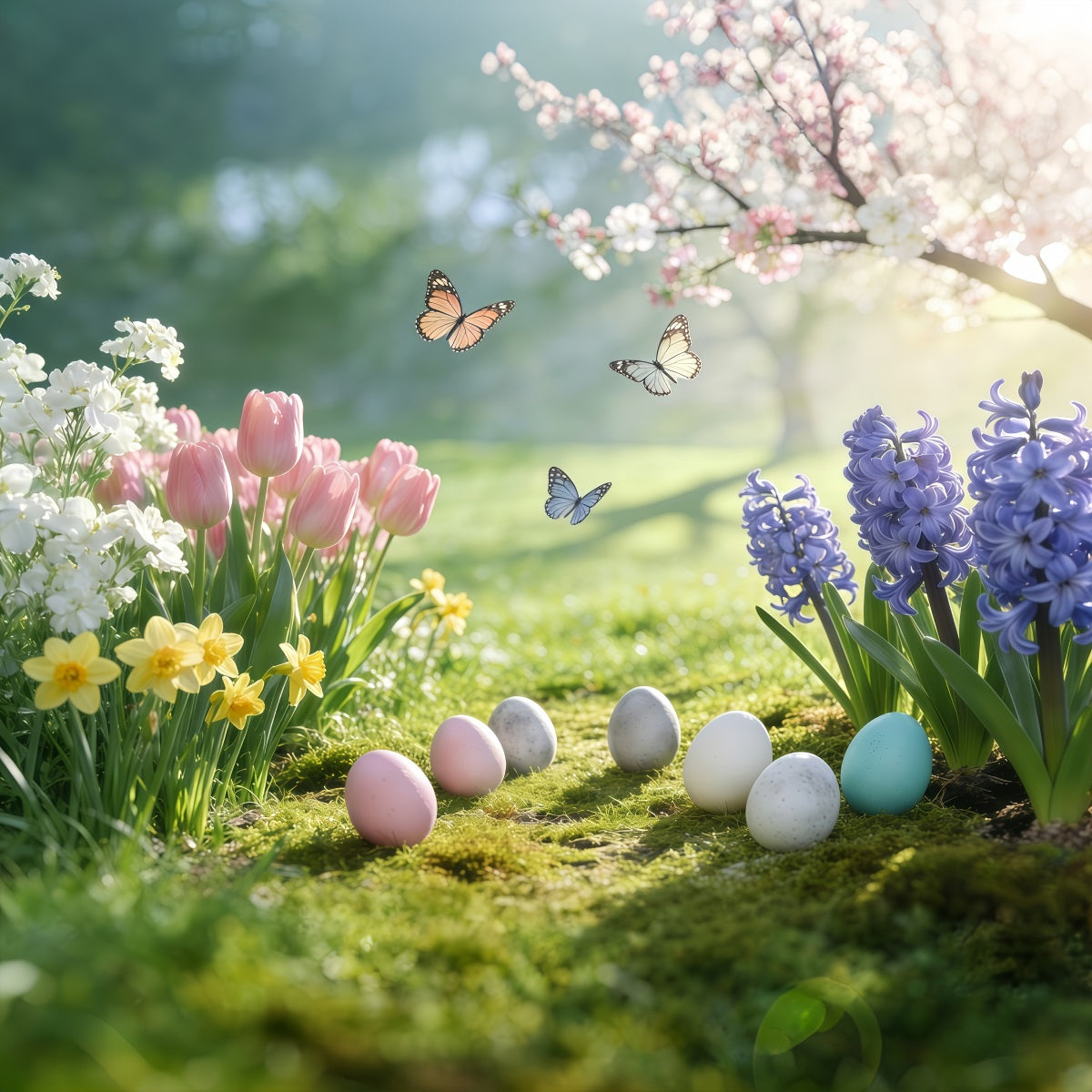 Easter Natural Backdrop Photography Spring Meadow Butterflies Eggs Easter Backdrops UK GQ61-53