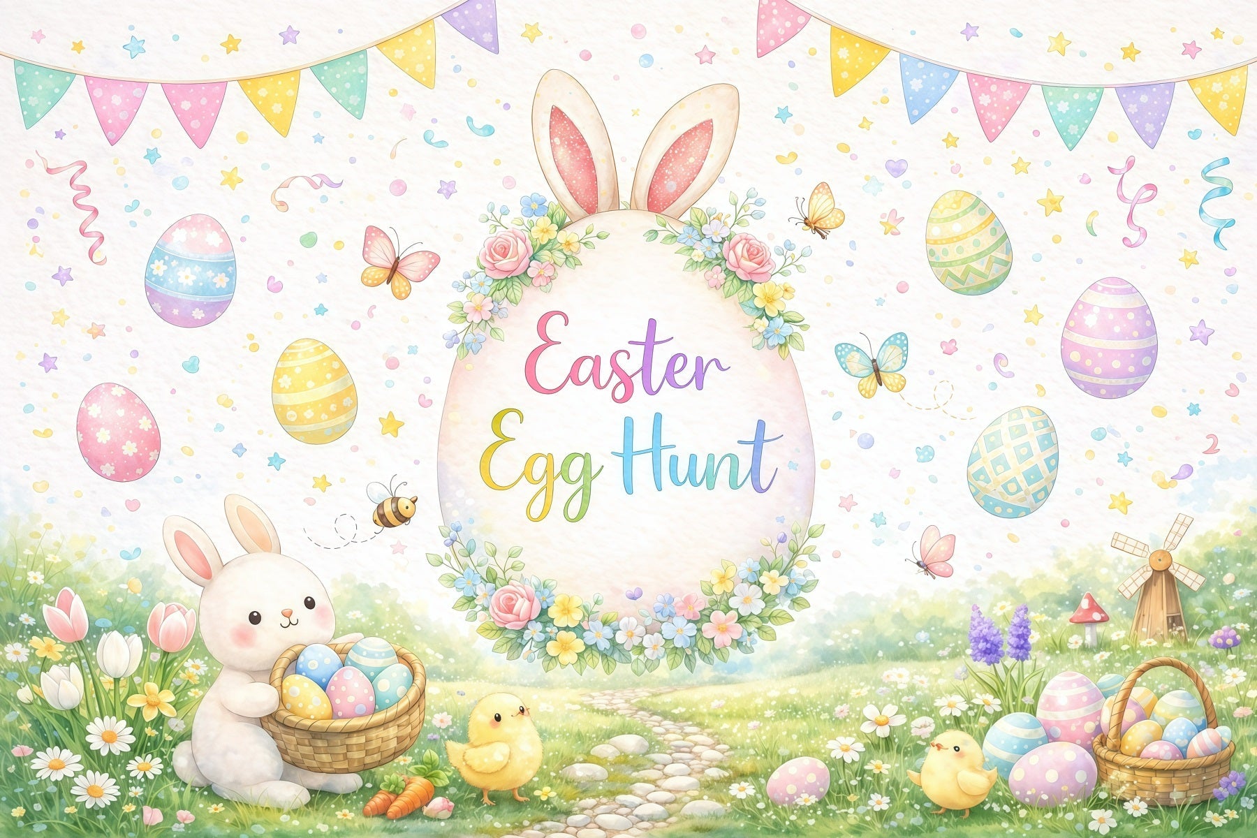 Easter Egg Hunt Backdrop Watercolor Garden Bunny Chicks Easter Themed Backdrops UK GQ61-54