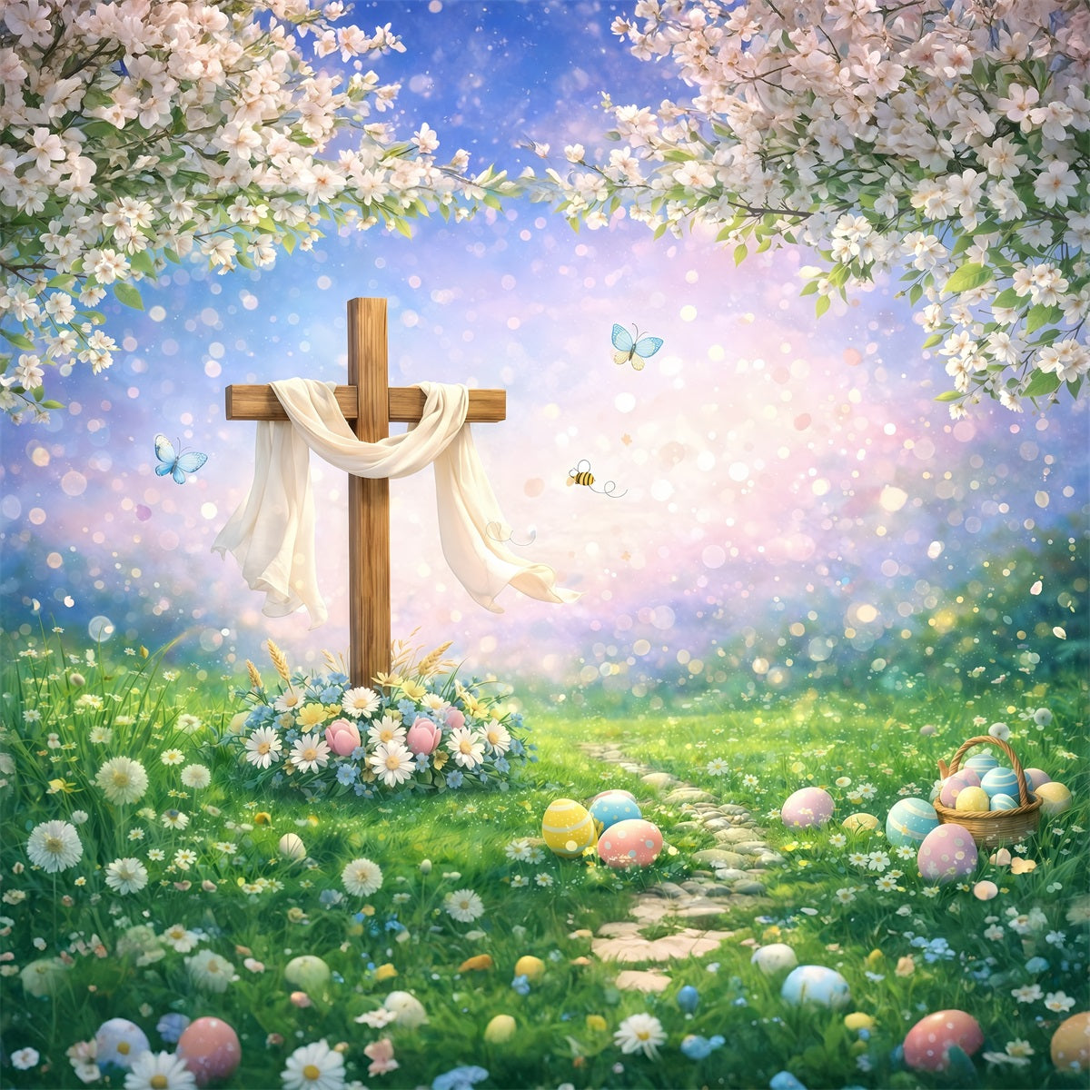 Easter Religious Backdrop Wooden Cross Spring Meadow Bokeh Easter Backdrops Ideas UK GQ61-55