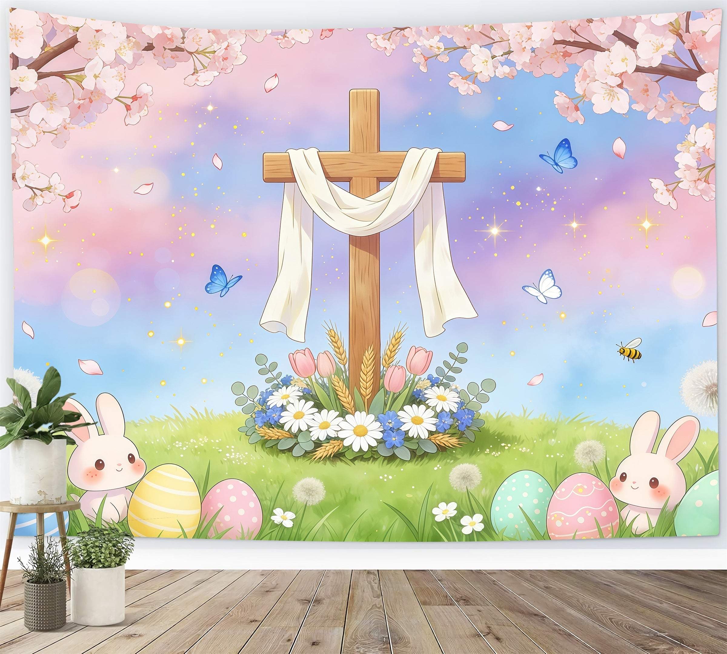 Easter Religious Backdrop Cross Bunny Egg Pastel Sky Easter Backdrops Ideas UK GQ61-56