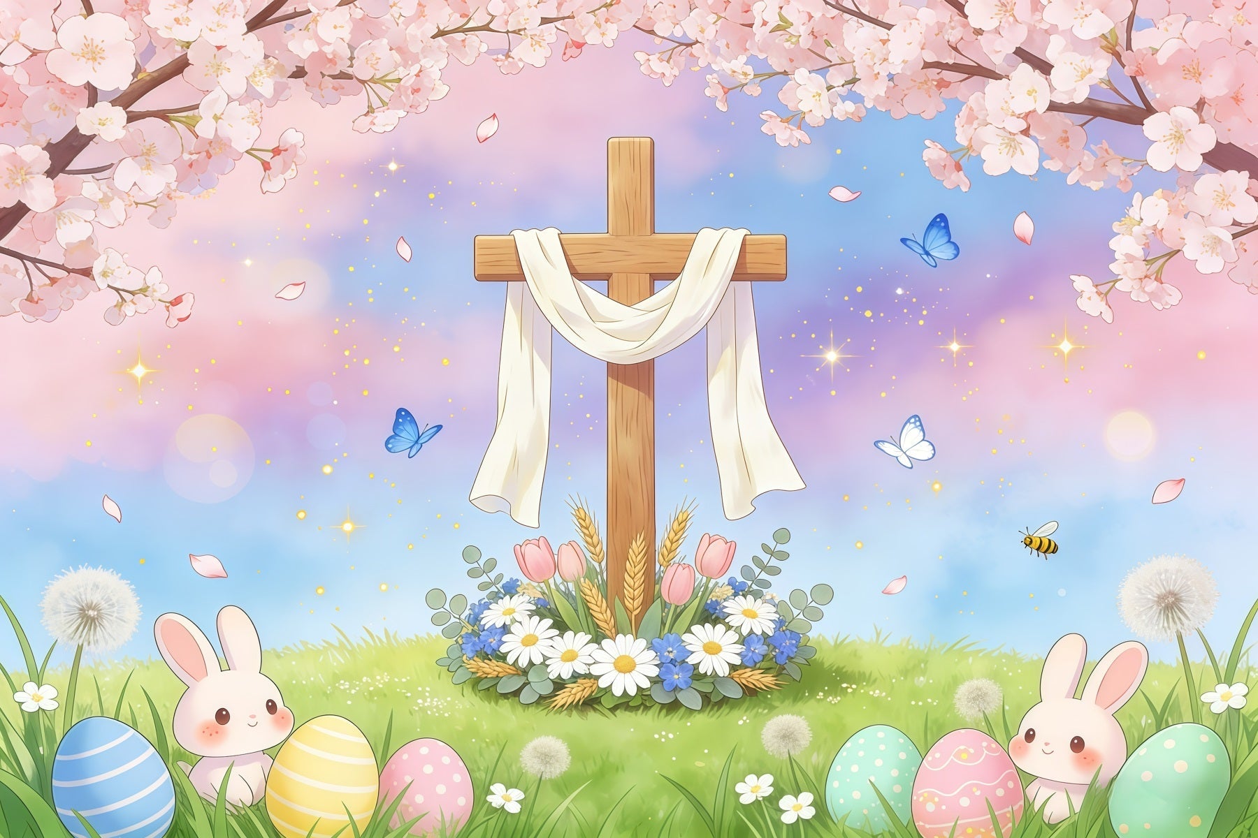 Easter Religious Backdrop Cross Bunny Egg Pastel Sky Easter Backdrops Ideas UK GQ61-56