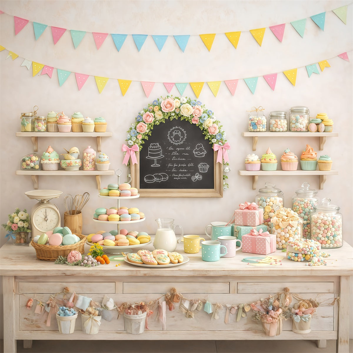 Easter Dessert Table Backdrop Pastel Macaron Cupcake Candy Outdoor Easter Backdrops UK GQ61-59