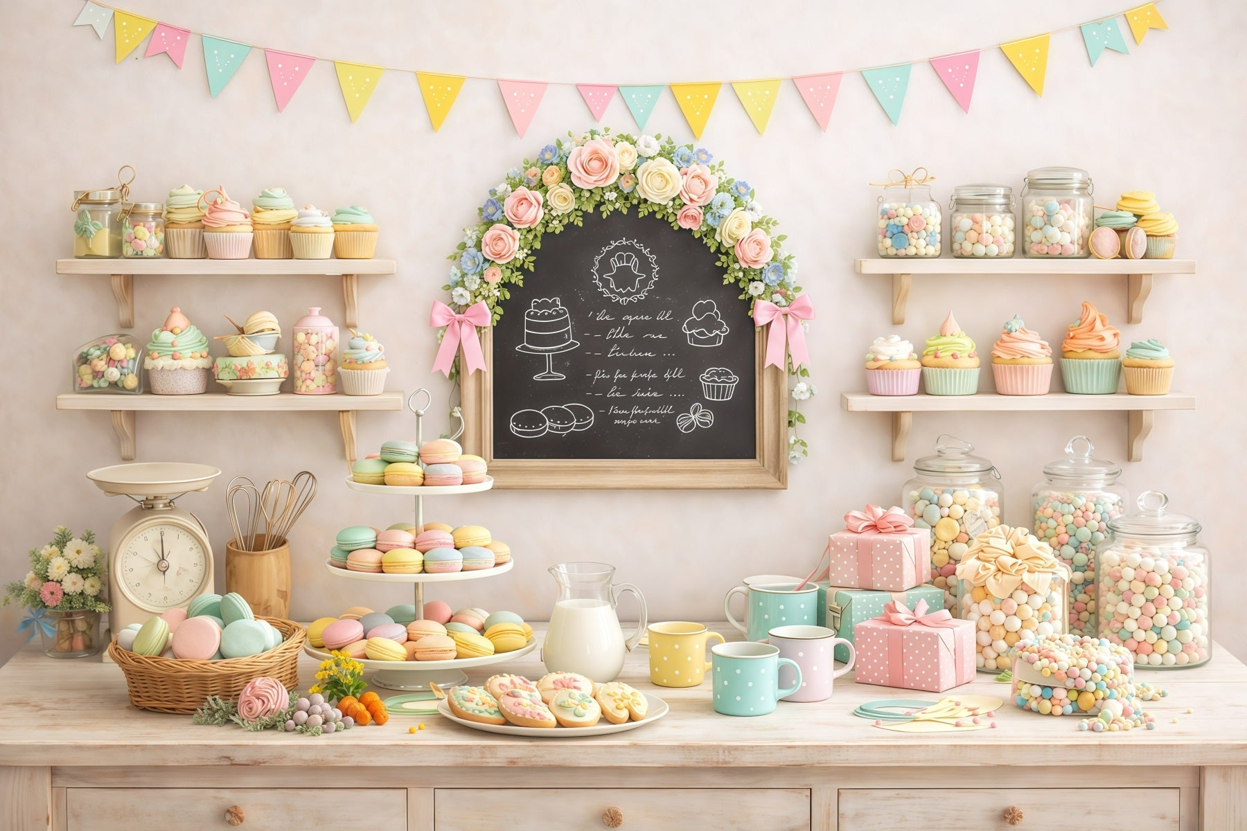 Easter Dessert Table Backdrop Pastel Macaron Cupcake Candy Outdoor Easter Backdrops UK GQ61-59