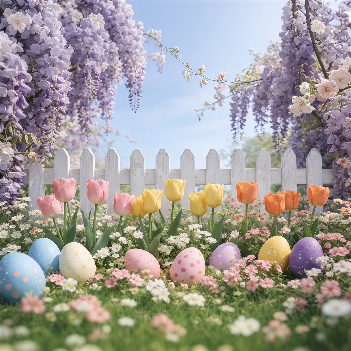 Easter Picket Fence Backdrop Lavender Tulip Garden Egg Easter Pictures Backdrop UK GQ61-60