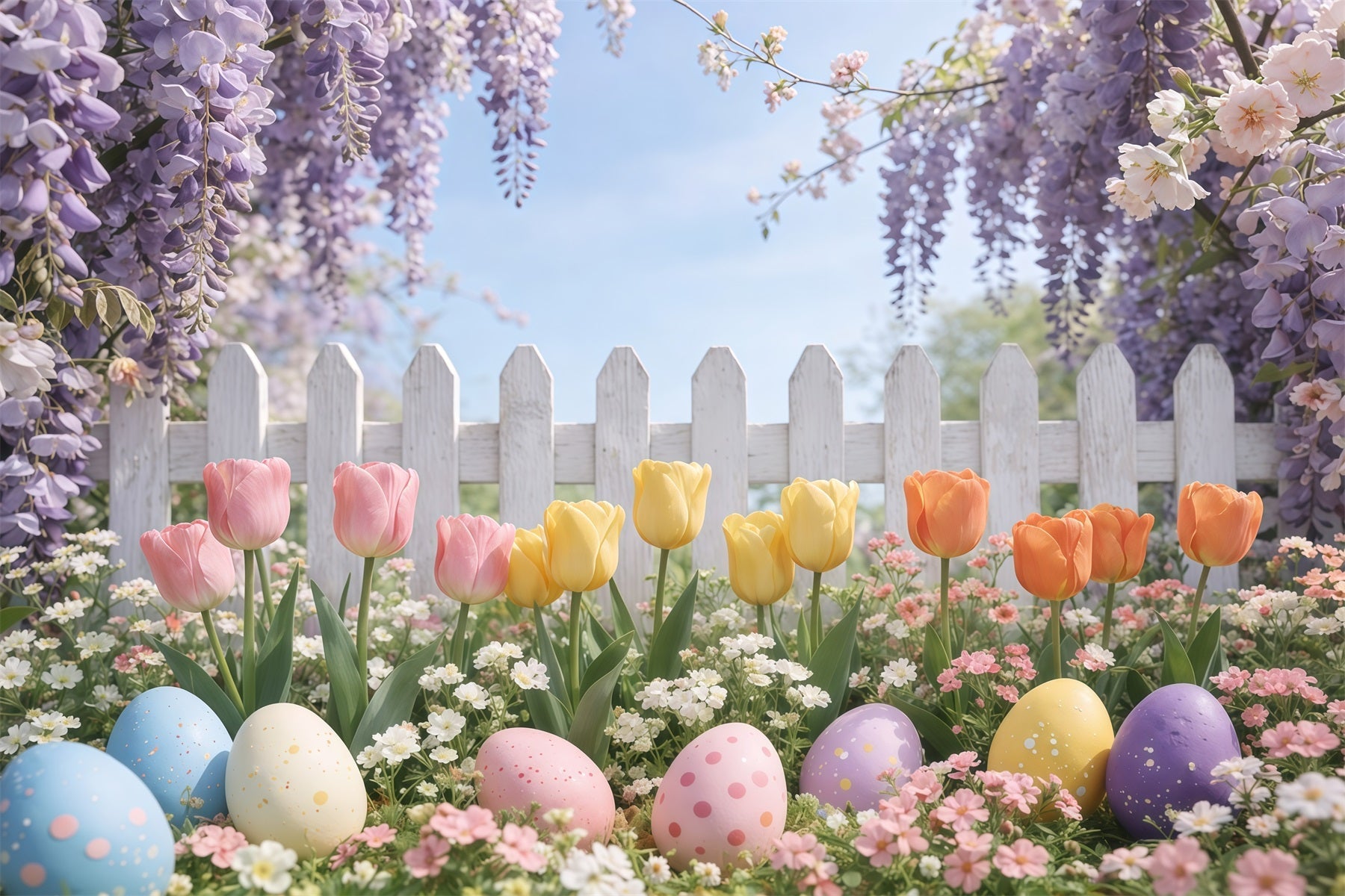 Easter Picket Fence Backdrop Lavender Tulip Garden Egg Easter Pictures Backdrop UK GQ61-60