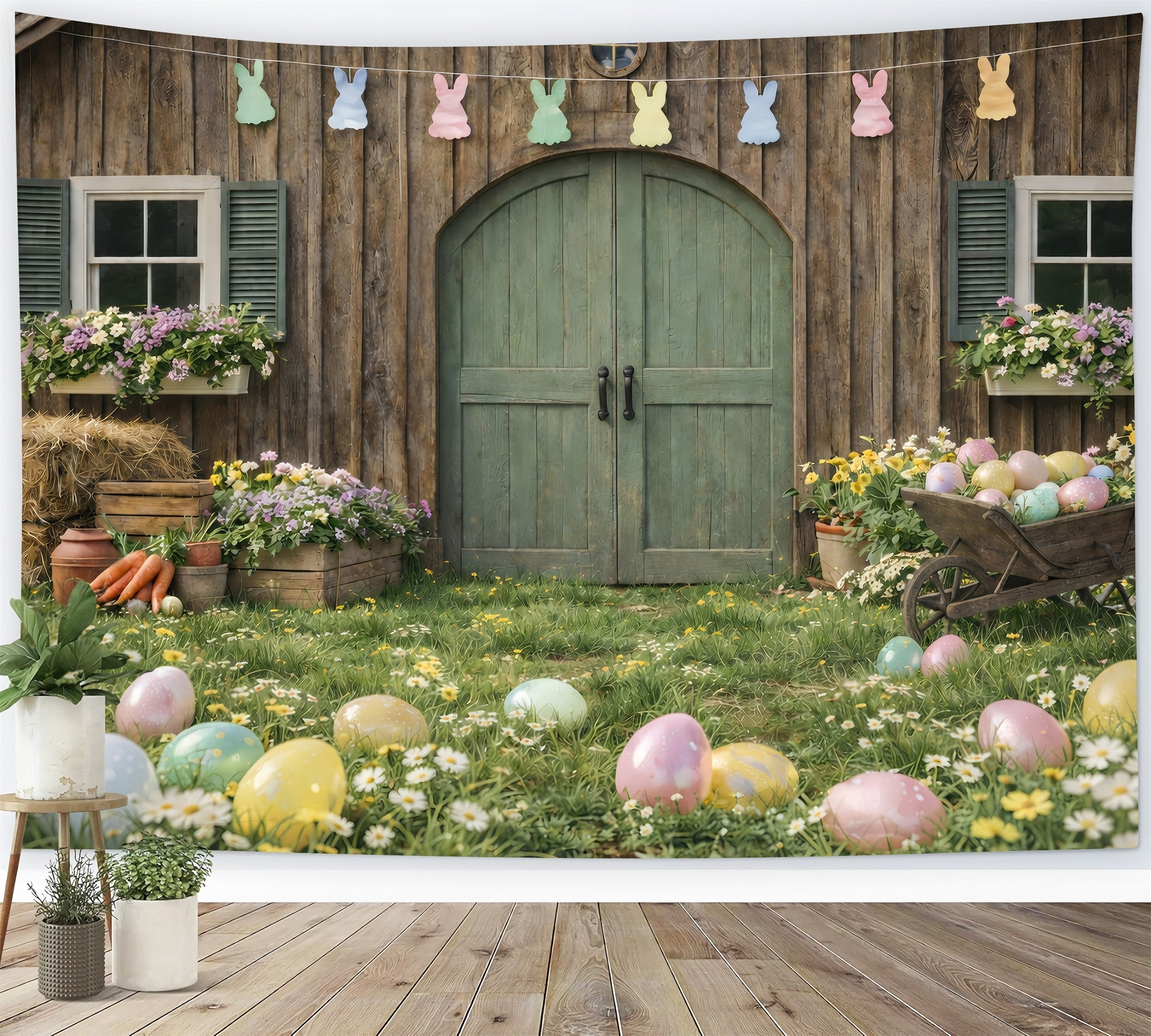 Easter Farm Barn Backdrop Carrot Bundle Daisies Egg Outdoor Easter Backdrop Ideas UK GQ61-62
