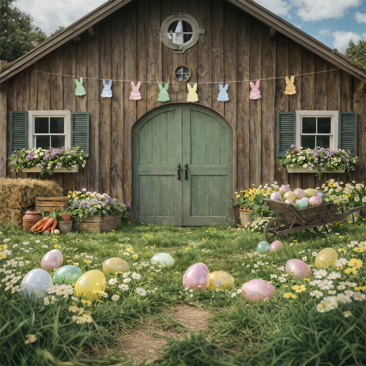 Easter Farm Barn Backdrop Carrot Bundle Daisies Egg Outdoor Easter Backdrop Ideas UK GQ61-62