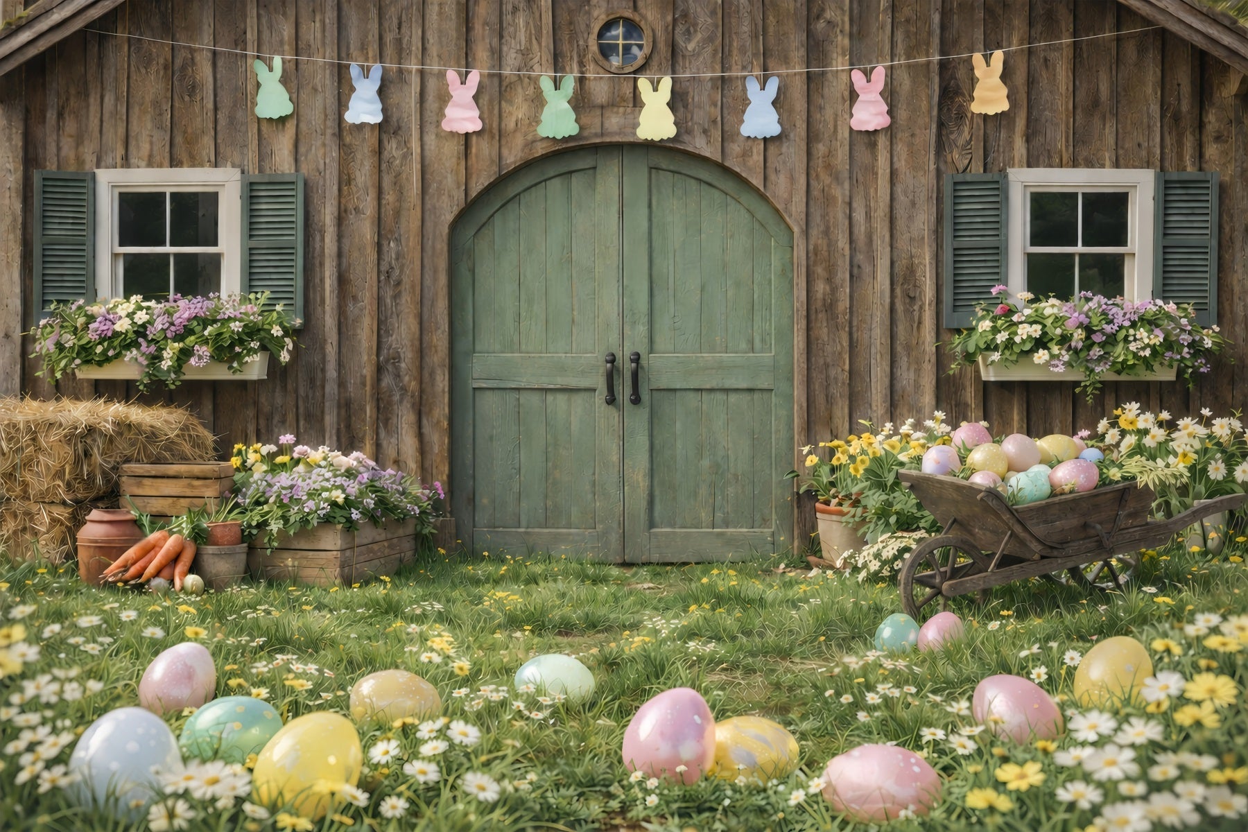 Easter Farm Barn Backdrop Carrot Bundle Daisies Egg Outdoor Easter Backdrop Ideas UK GQ61-62