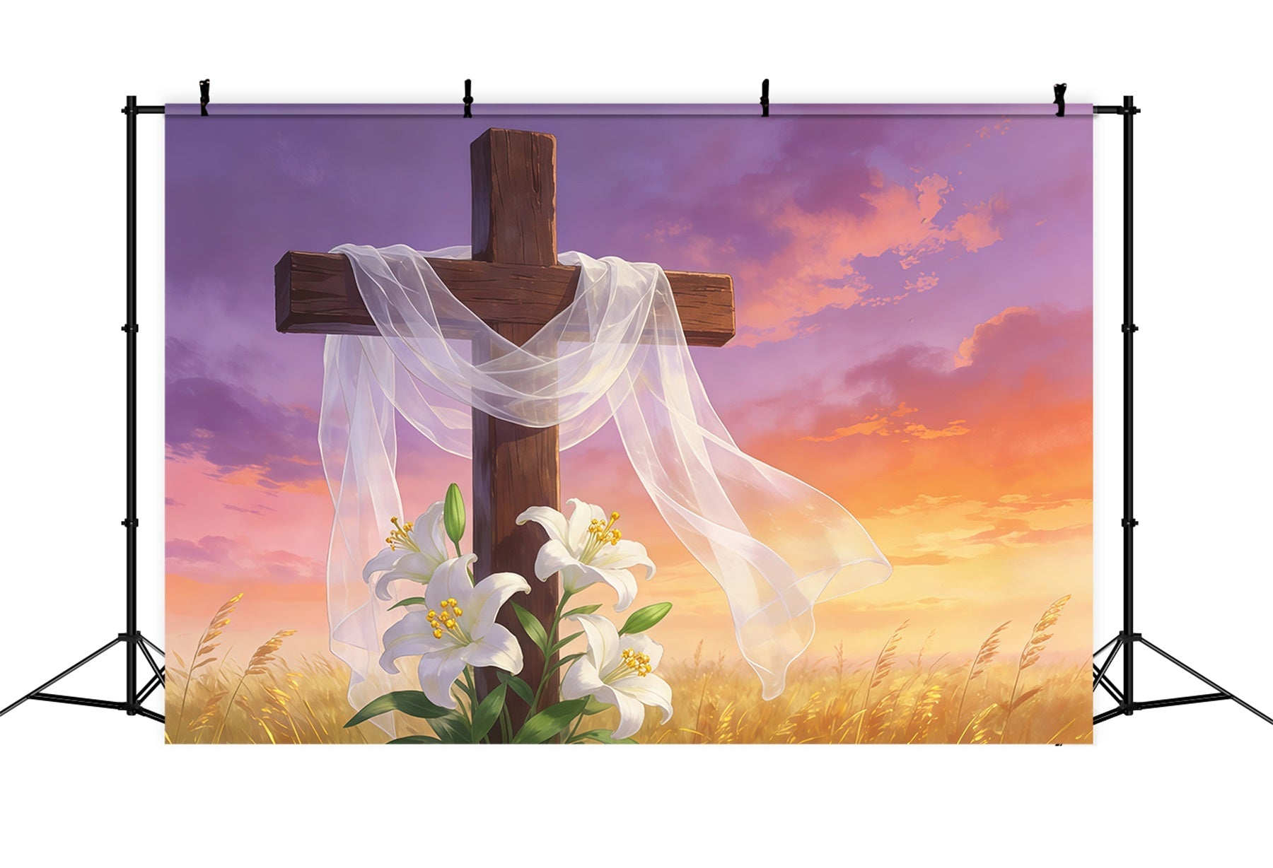 Easter Cross And Lilies Backdrop Resurrection Cross Golden Sky Happy Easter Backdrops UK GQ61-63