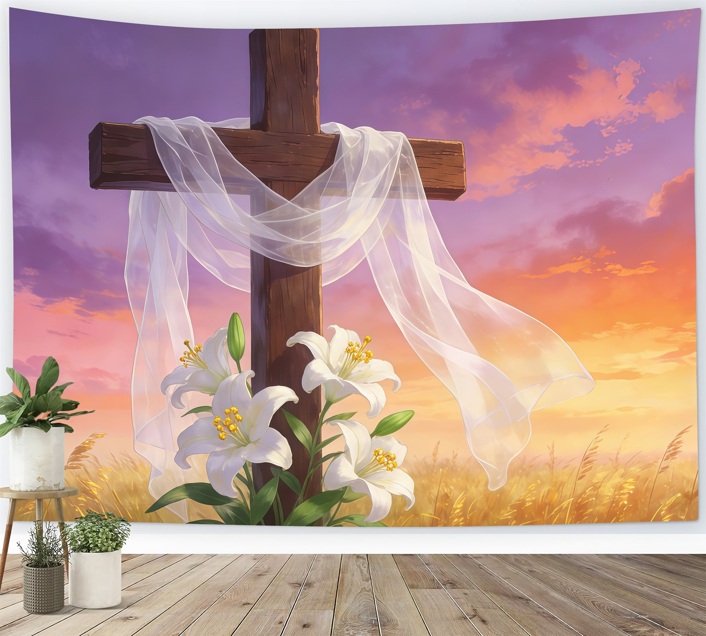 Easter Cross And Lilies Backdrop Resurrection Cross Golden Sky Happy Easter Backdrops UK GQ61-63
