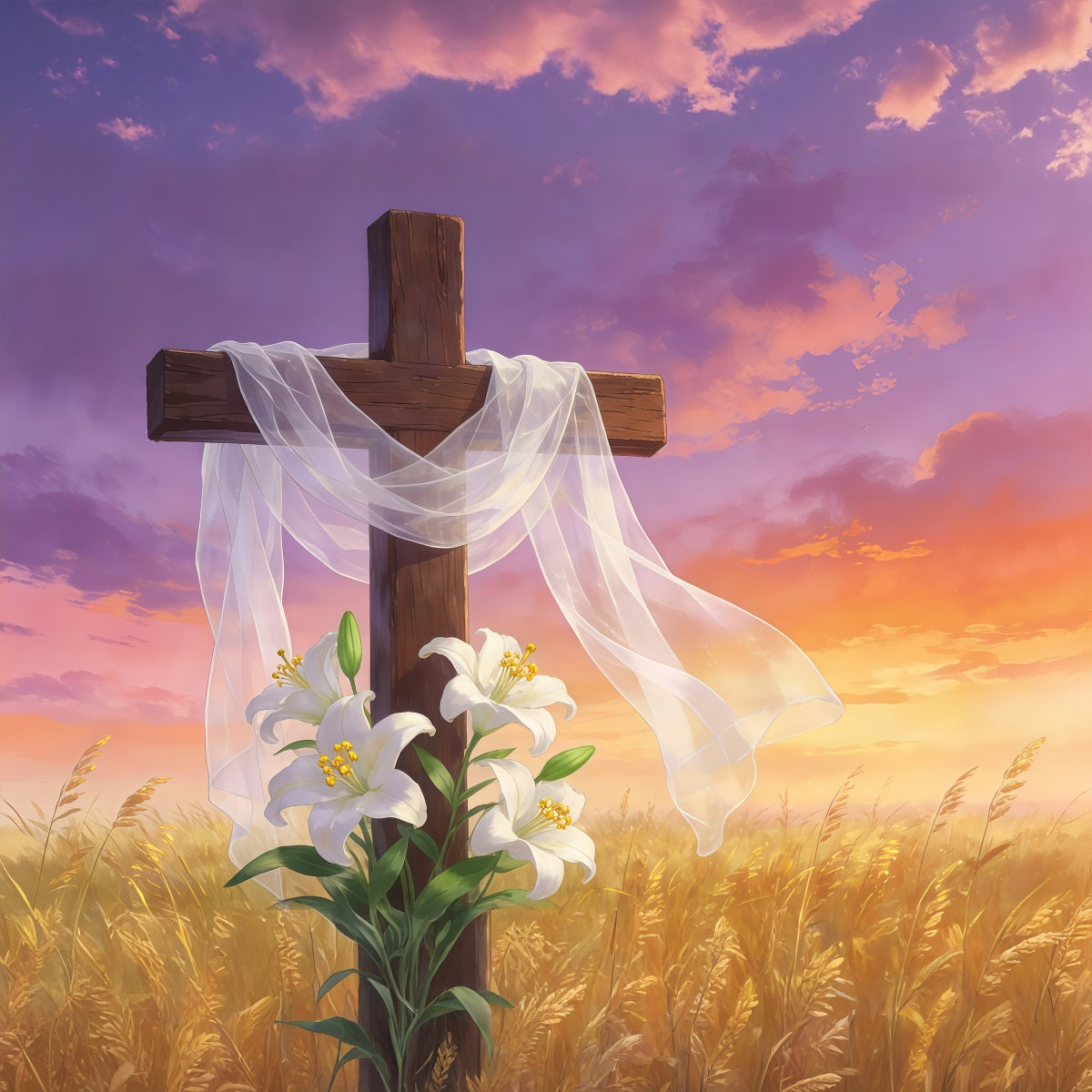 Easter Cross And Lilies Backdrop Resurrection Cross Golden Sky Happy Easter Backdrops UK GQ61-63