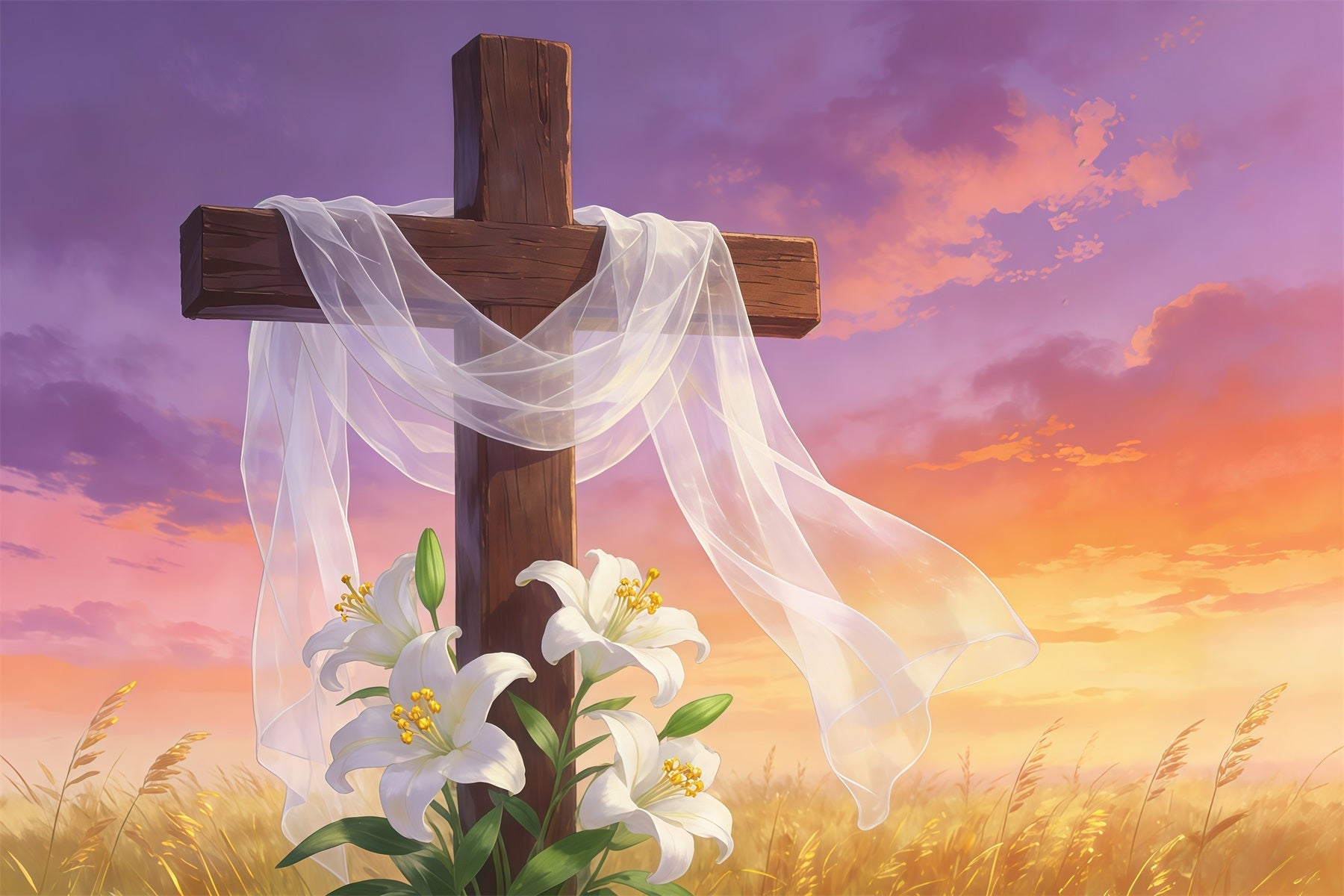 Easter Cross And Lilies Backdrop Resurrection Cross Golden Sky Happy Easter Backdrops UK GQ61-63