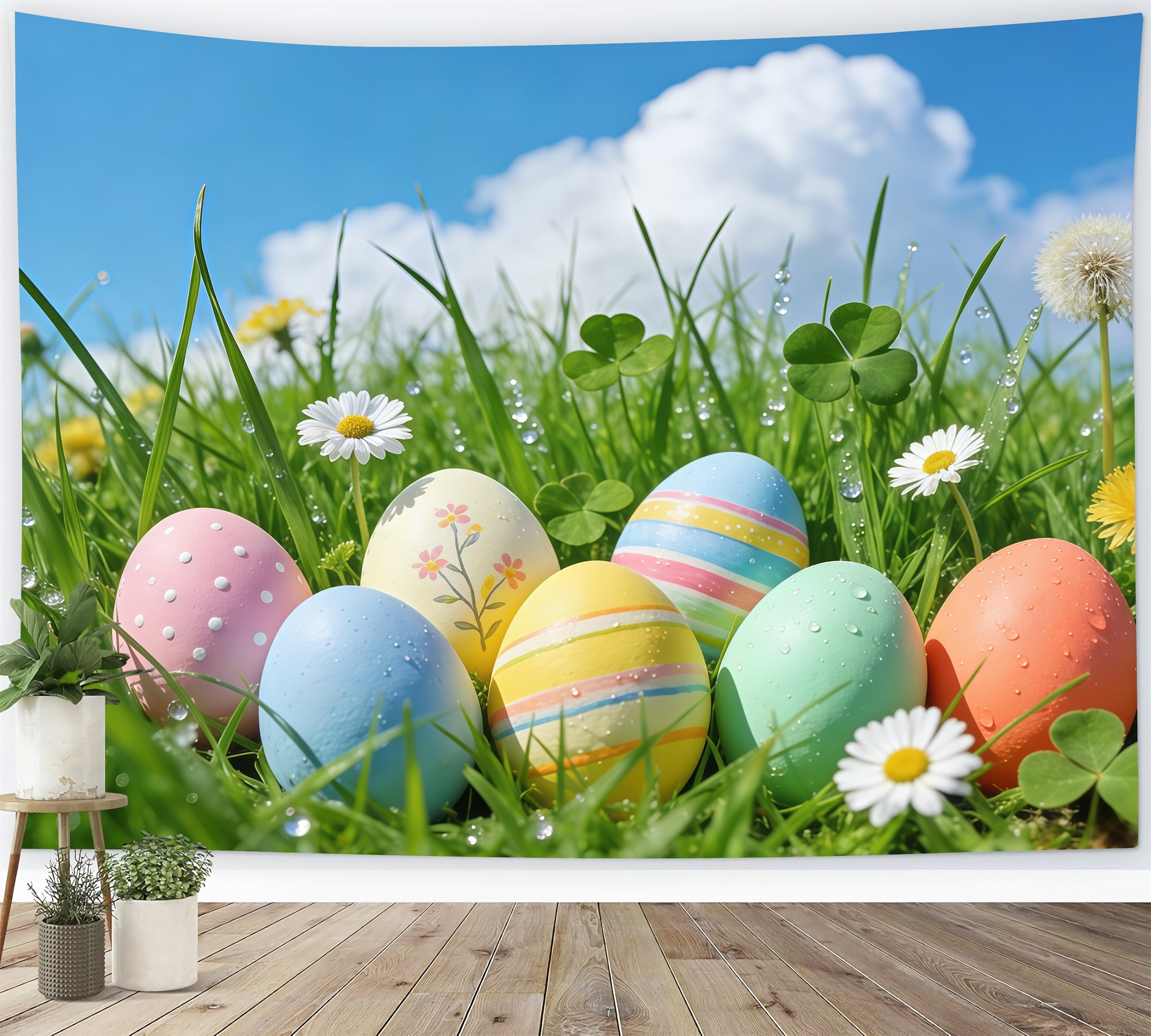 Easter Blue Sky Backdrop Spring Grass Pastel Eggs Photo Booth Easter Backdrop Ideas UK GQ61-65