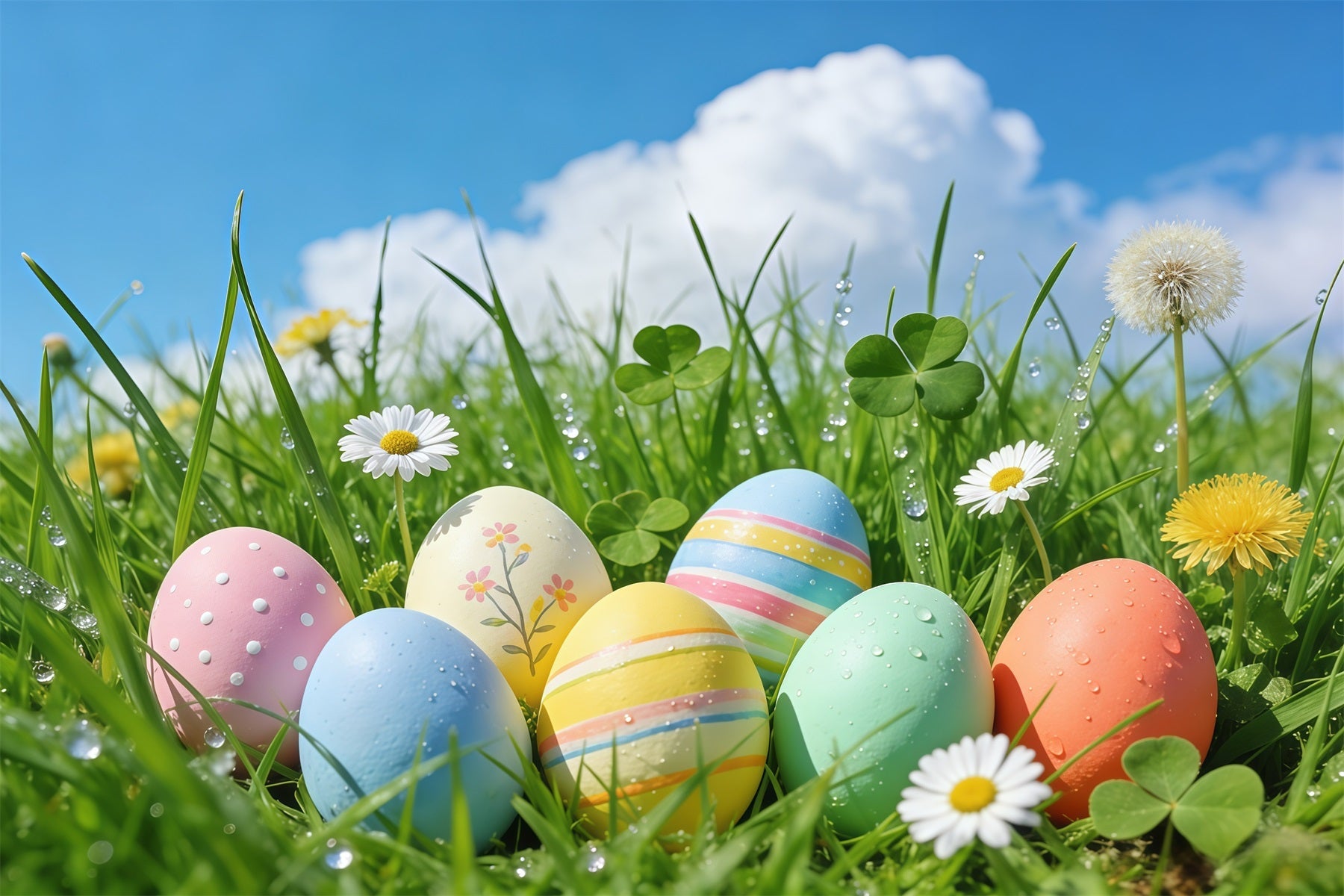 Easter Blue Sky Backdrop Spring Grass Pastel Eggs Photo Booth Easter Backdrop Ideas UK GQ61-65