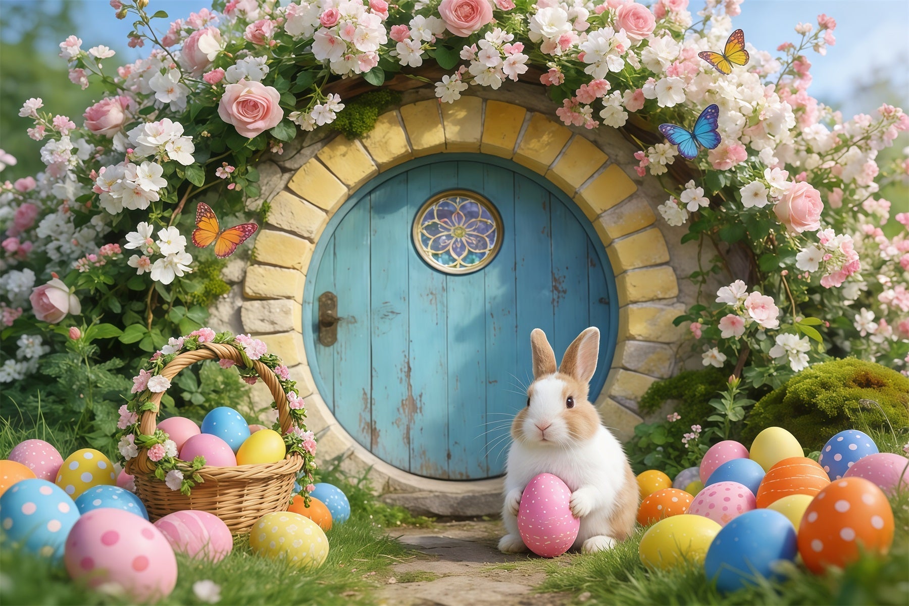 Easter Bunny Burrow Backdrop Fairytale House Flower Arch Easter Backdrop Photos UK GQ61-68