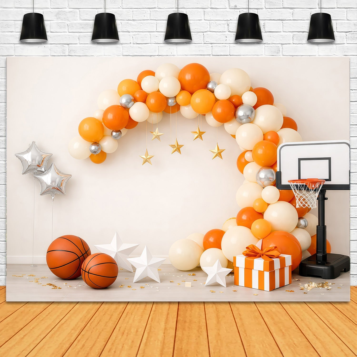 Basketball Photo Backdrop Orange Balloon Arch Gift Box Sports Backdrop UK GQ61-70