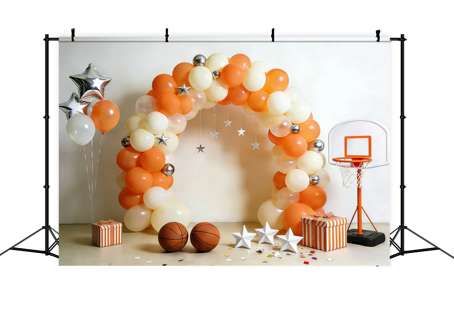 Basketball Backdrop For Photography Cream Orange Balloon Hoop Setup Sports Backdrops UK GQ61-71