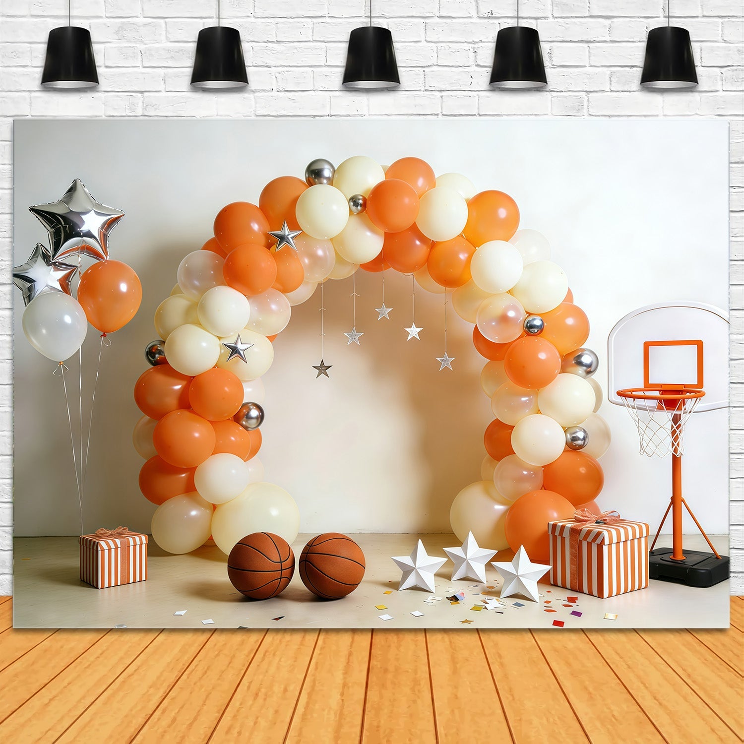Basketball Backdrop For Photography Cream Orange Balloon Hoop Setup Sports Backdrops UK GQ61-71