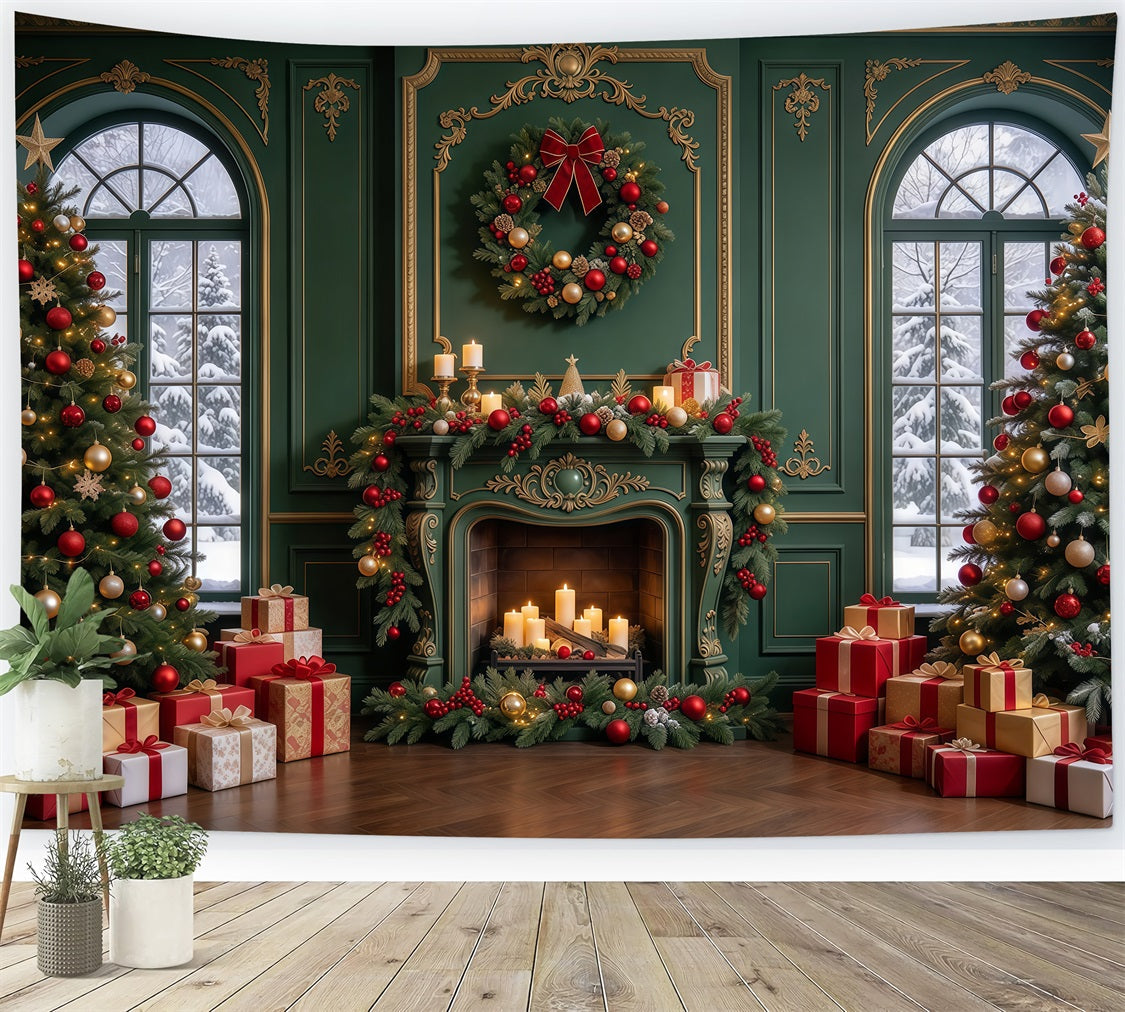 Living Room Christmas Backdrop Emerald Gold Fireplace Display Christmas Card Backdrops UK GQ610-103