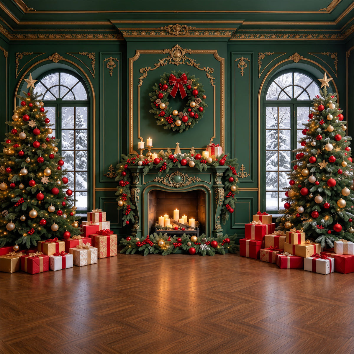 Living Room Christmas Backdrop Emerald Gold Fireplace Display Christmas Card Backdrops UK GQ610-103