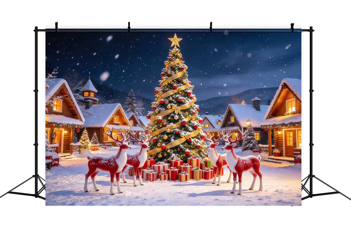 Retro Christmas Backdrop Reindeer Snowy Village Reindeer Photo Backdrop UK GQ610-105