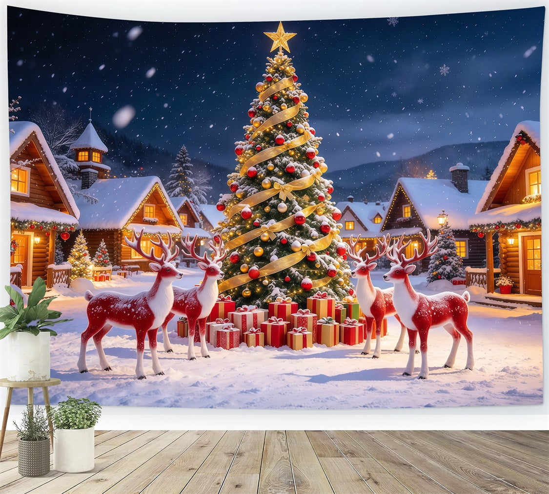 Retro Christmas Backdrop Reindeer Snowy Village Reindeer Photo Backdrop UK GQ610-105