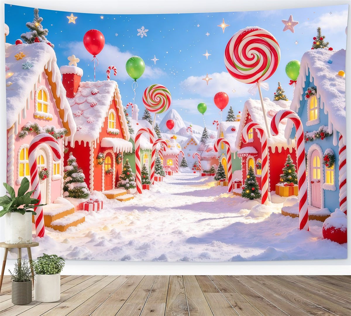 Candyland Christmas Backdrop Giant Lollipop Candy Village Photography Christmas Backdrop UK GQ610-106