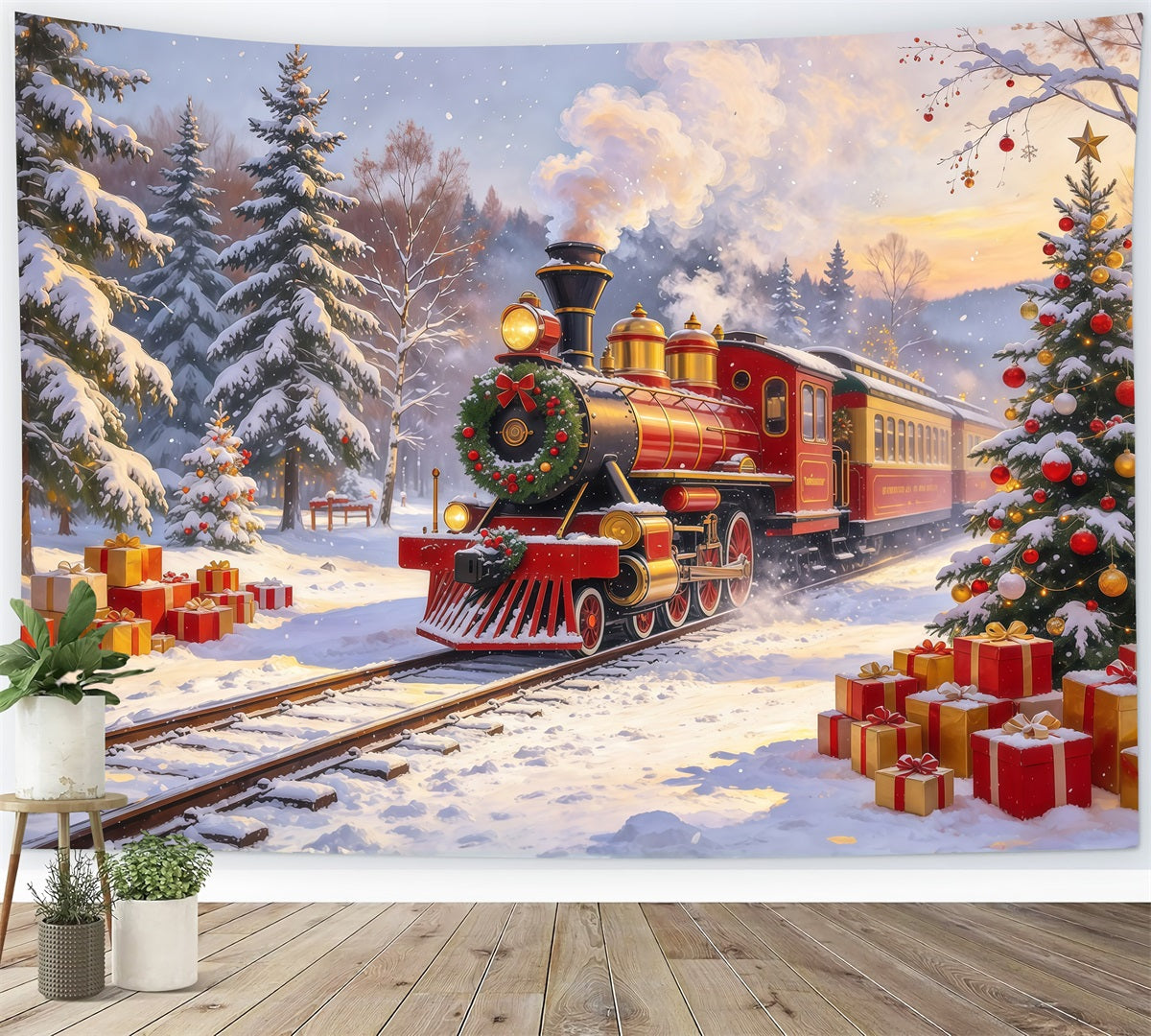 Professional Christmas Backdrop Red Steam Train Snowfall Christmas Village Backdrop UK GQ610-107