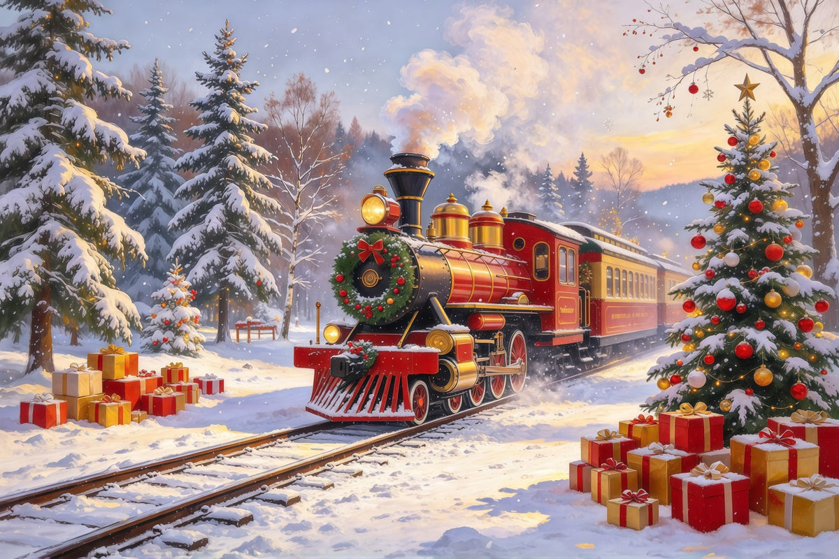 Professional Christmas Backdrop Red Steam Train Snowfall Christmas Village Backdrop UK GQ610-107