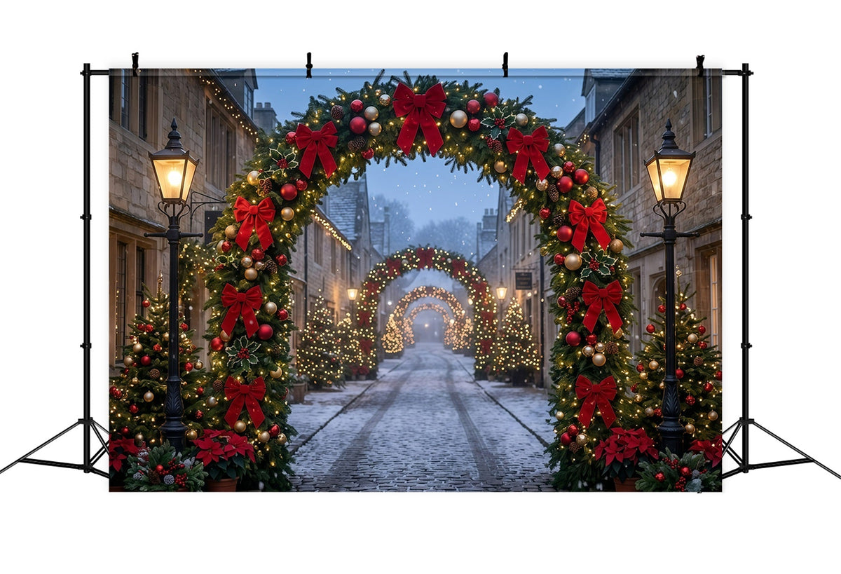 Christmas Lights Photo Backdrop Cobblestone Red Bow Archway Christmas Photo Wall Backdrop UK GQ610-115