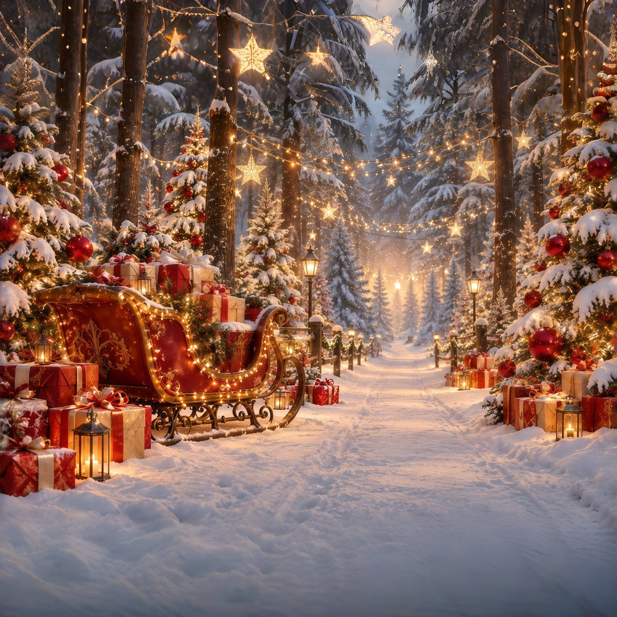 Christmas Tree Backdrops Glowing Sleigh Gift Trail Christmas Backdrop for Stage UK GQ610-121