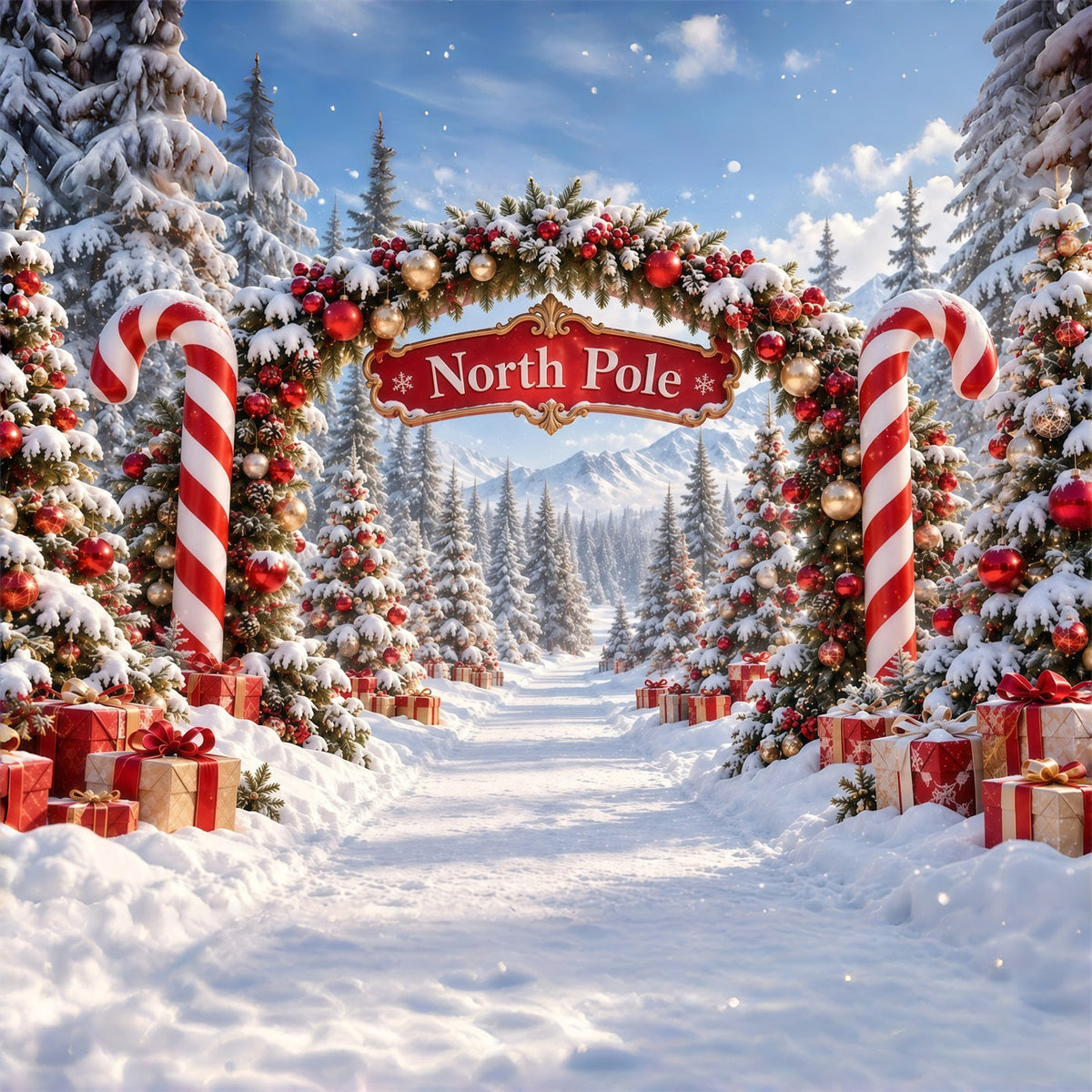 North Pole Photo Backdrop Candy Cane Ornament Archway Christmas Winter Backdrop UK GQ610-122