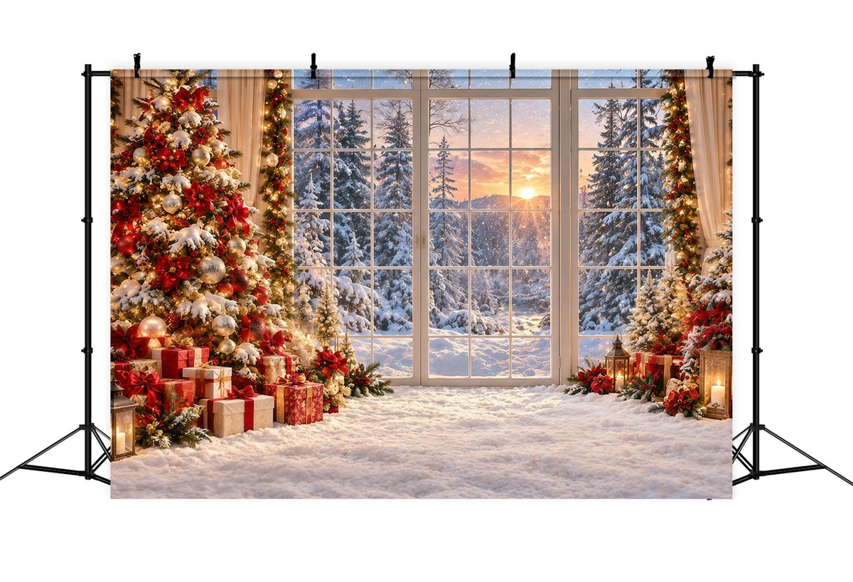 Christmas Forest Backdrop Golden Sunset Snowy Window Christmas Backdrop for Photo UK GQ610-123