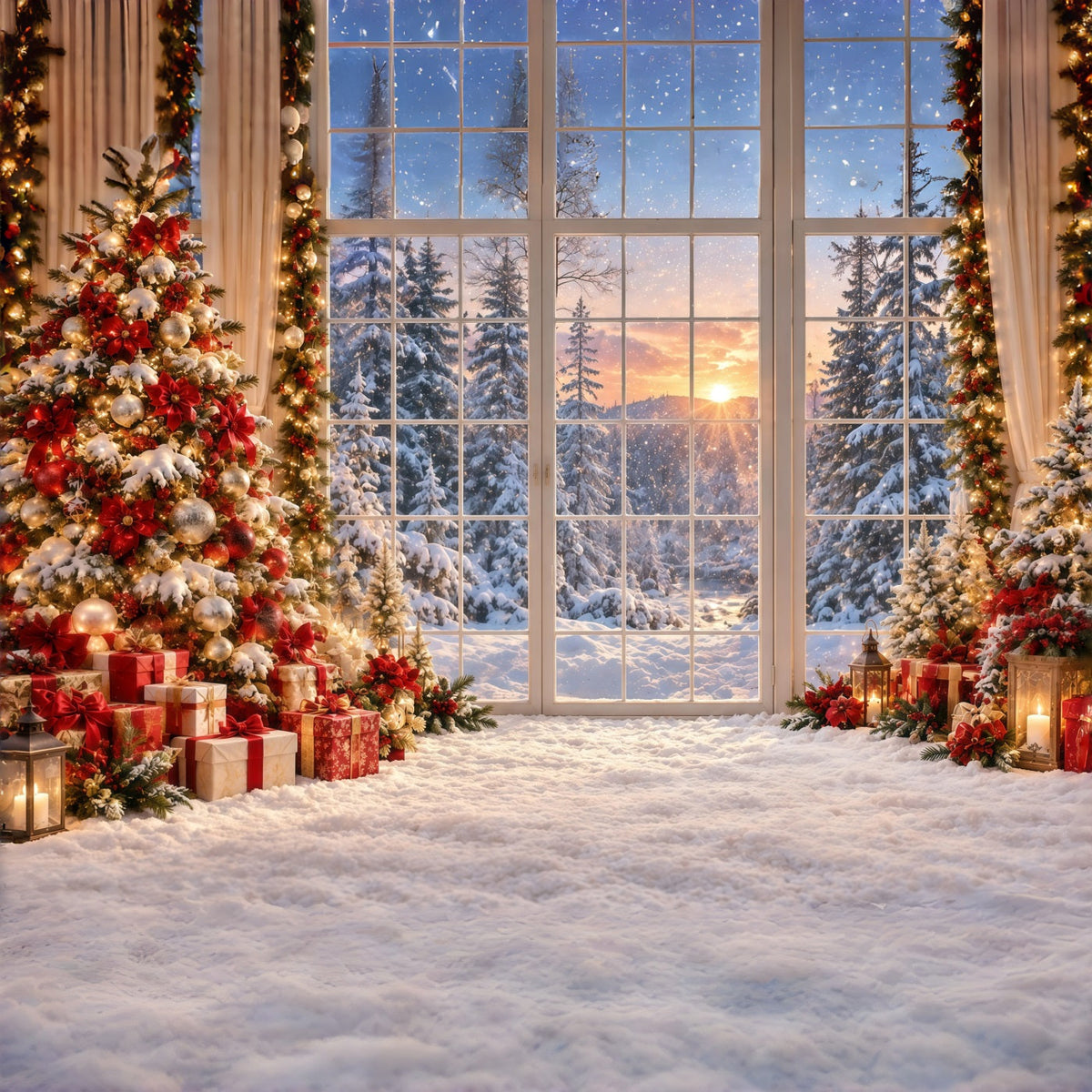 Christmas Forest Backdrop Golden Sunset Snowy Window Christmas Backdrop for Photo UK GQ610-123