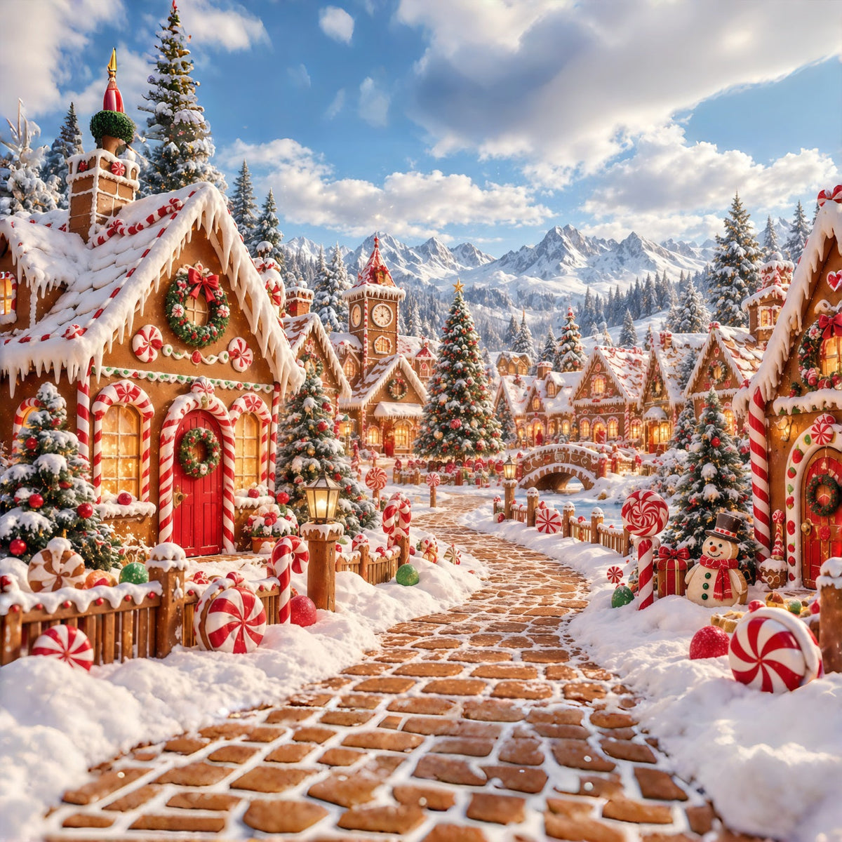 Christmas Gingerbread Backdrop Snowy Candy Village Christmas Backdrop Picture UK GQ610-125