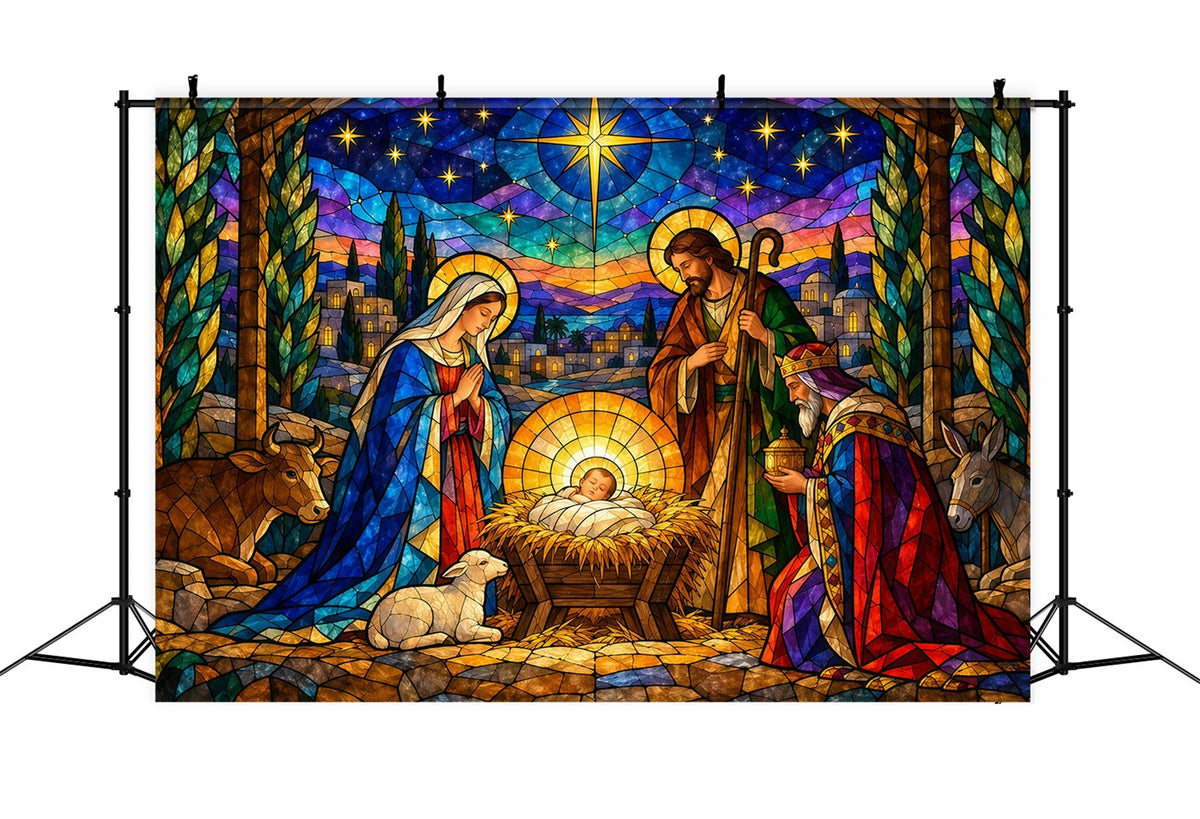 Nativity Scene Backdrop Colorful Stained Glass Star Christmas Backdrop Sale UK GQ610-127
