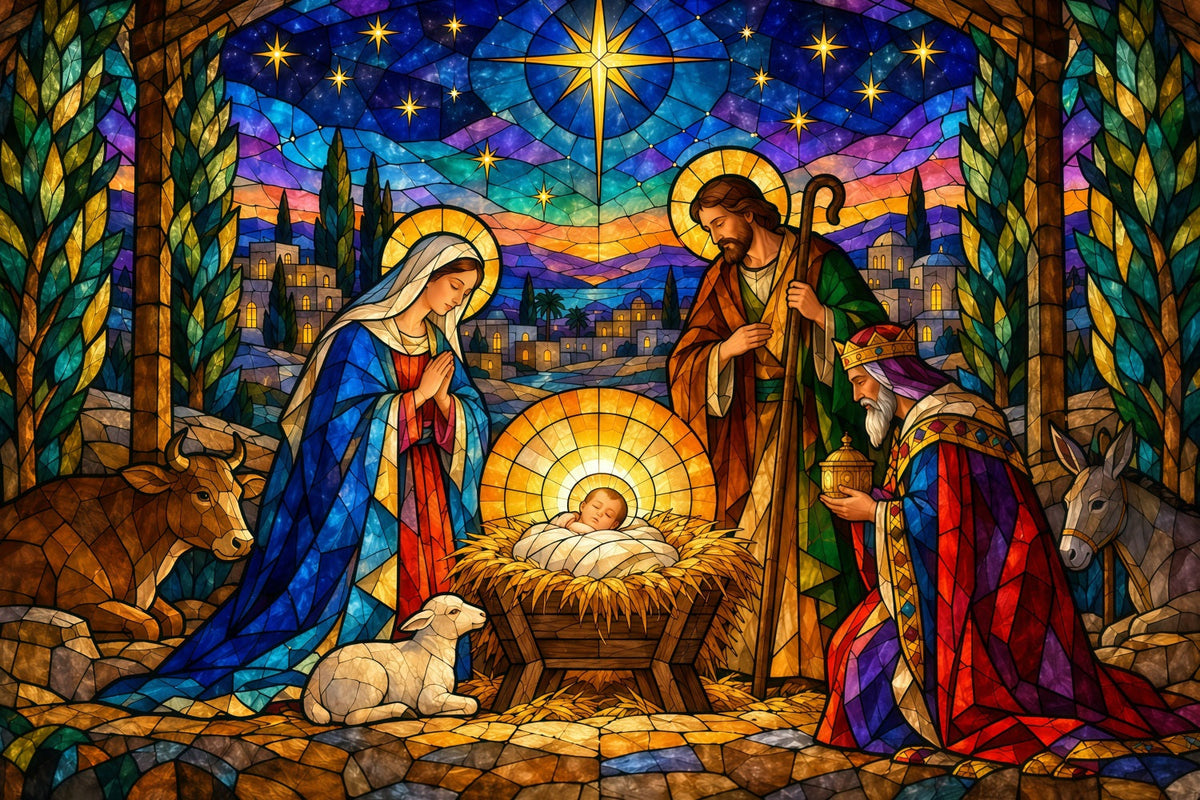 Nativity Scene Backdrop Colorful Stained Glass Star Christmas Backdrop Sale UK GQ610-127