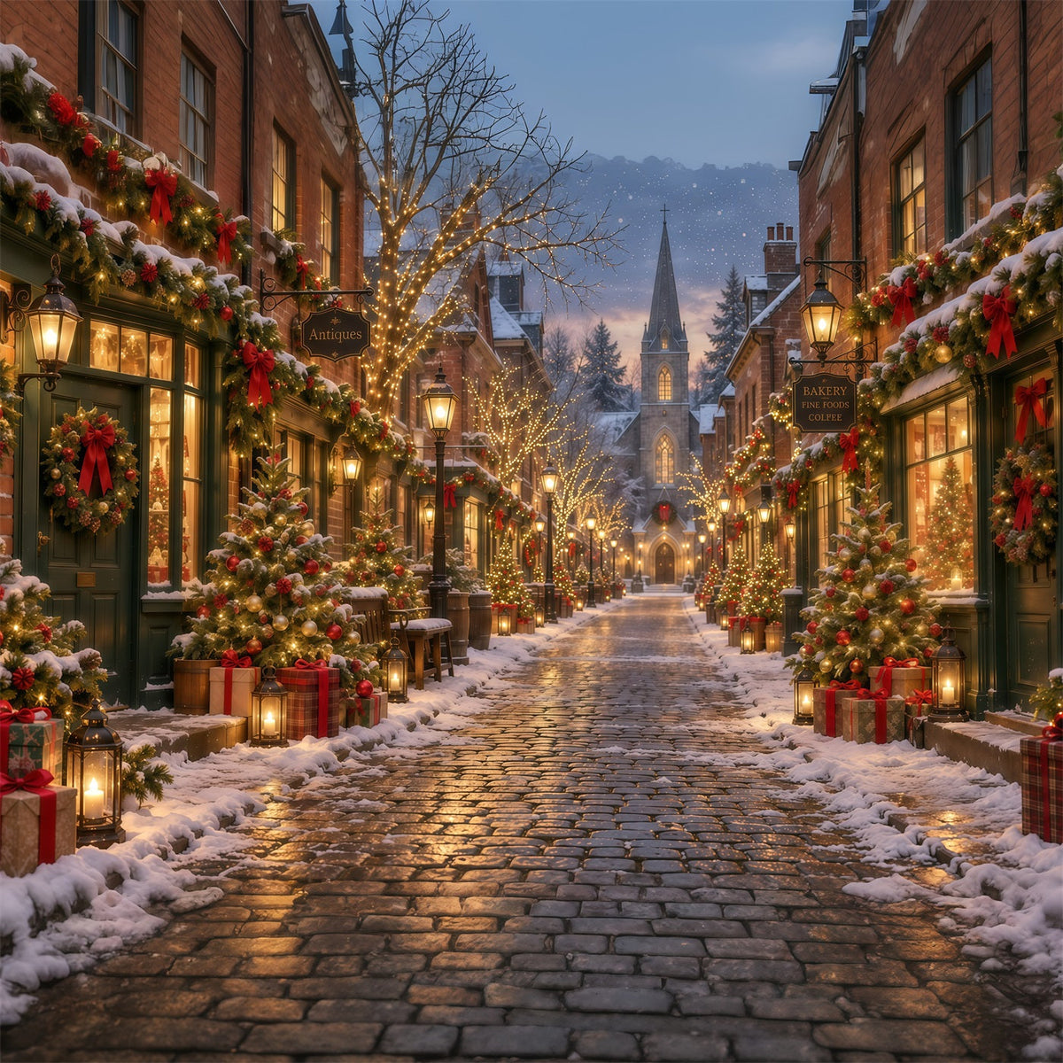Christmas Village Backdrops Festive Snowy Cobblestone Street Backdrops for Christmas Photos UK GQ610-129