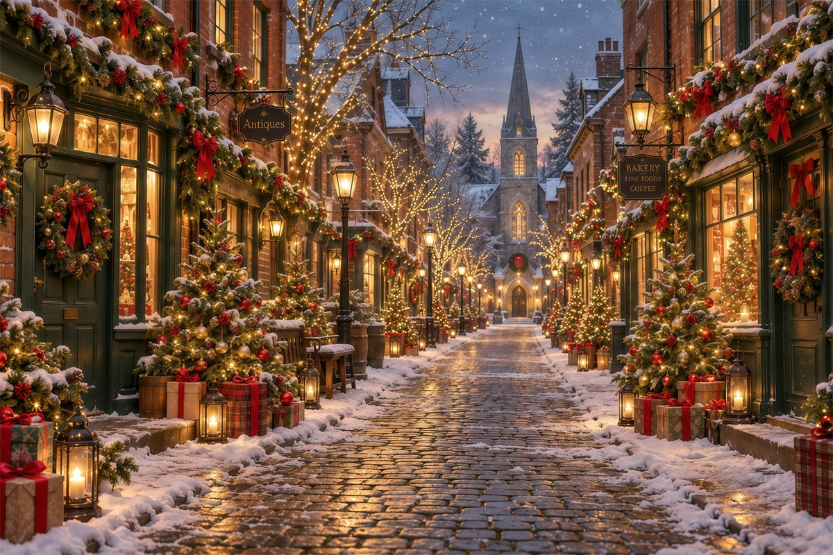 Christmas Village Backdrops Festive Snowy Cobblestone Street Backdrops for Christmas Photos UK GQ610-129