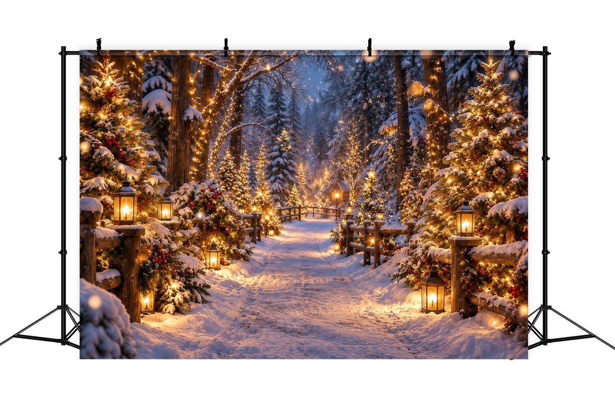 Christmas Tree Farm Photo Backdrop Glowing Lantern Snowy Forest Photography Backdrop Christmas UK GQ610-130