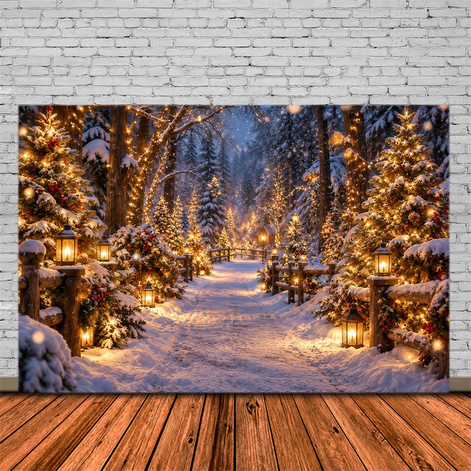 Christmas Tree Farm Photo Backdrop Glowing Lantern Snowy Forest Photography Backdrop Christmas UK GQ610-130