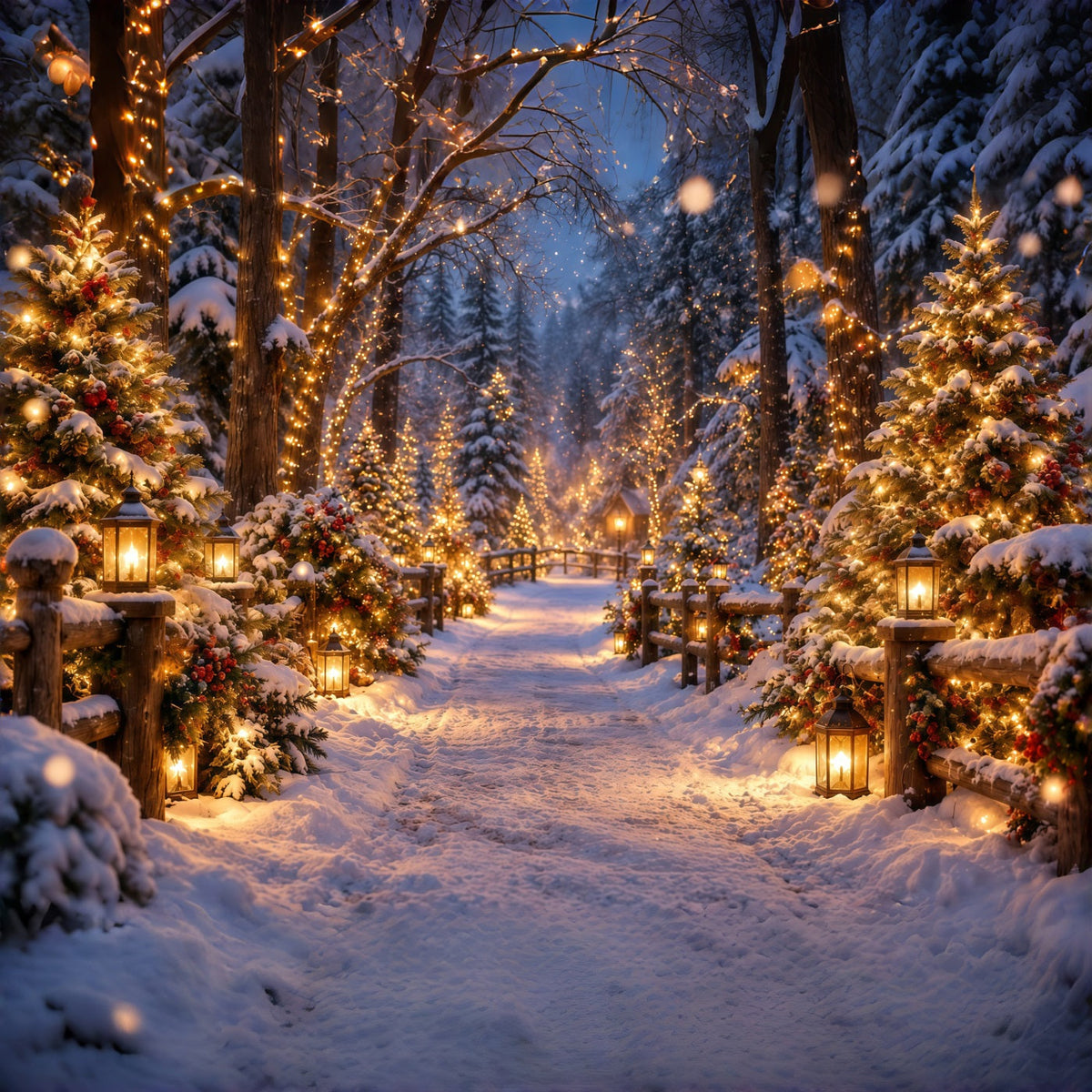 Christmas Tree Farm Photo Backdrop Glowing Lantern Snowy Forest Photography Backdrop Christmas UK GQ610-130