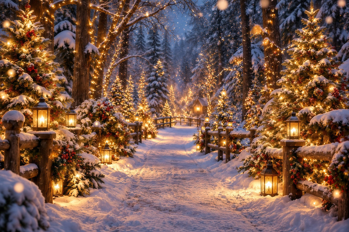 Christmas Tree Farm Photo Backdrop Glowing Lantern Snowy Forest Photography Backdrop Christmas UK GQ610-130
