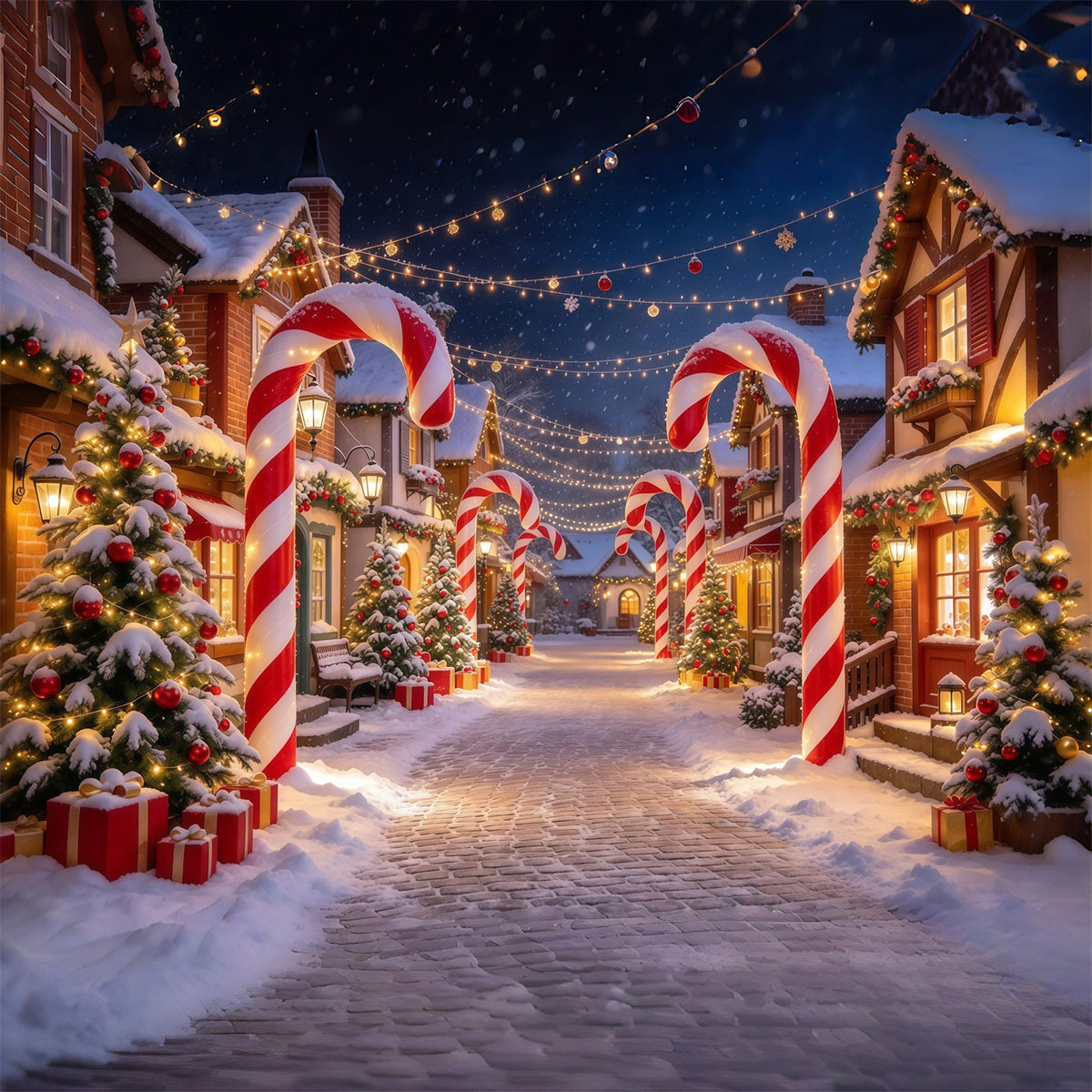 Christmas Village Backdrops Candy Cane Snowy Street Photography Christmas Backdrops UK GQ610-14