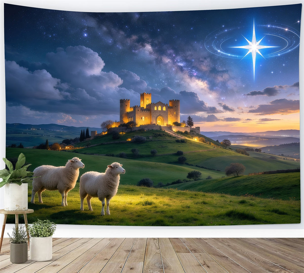 Nativity Scene Backdrop Starry Castle Sheep Meadow Christmas Backdrop Photography UK GQ610-15