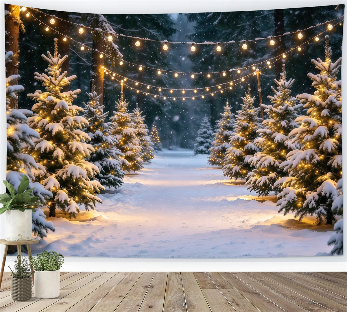 Christmas Tree Farm Backdrop Snowy Pine Stringlight Path Christmas Tree Backdrops UK GQ610-16